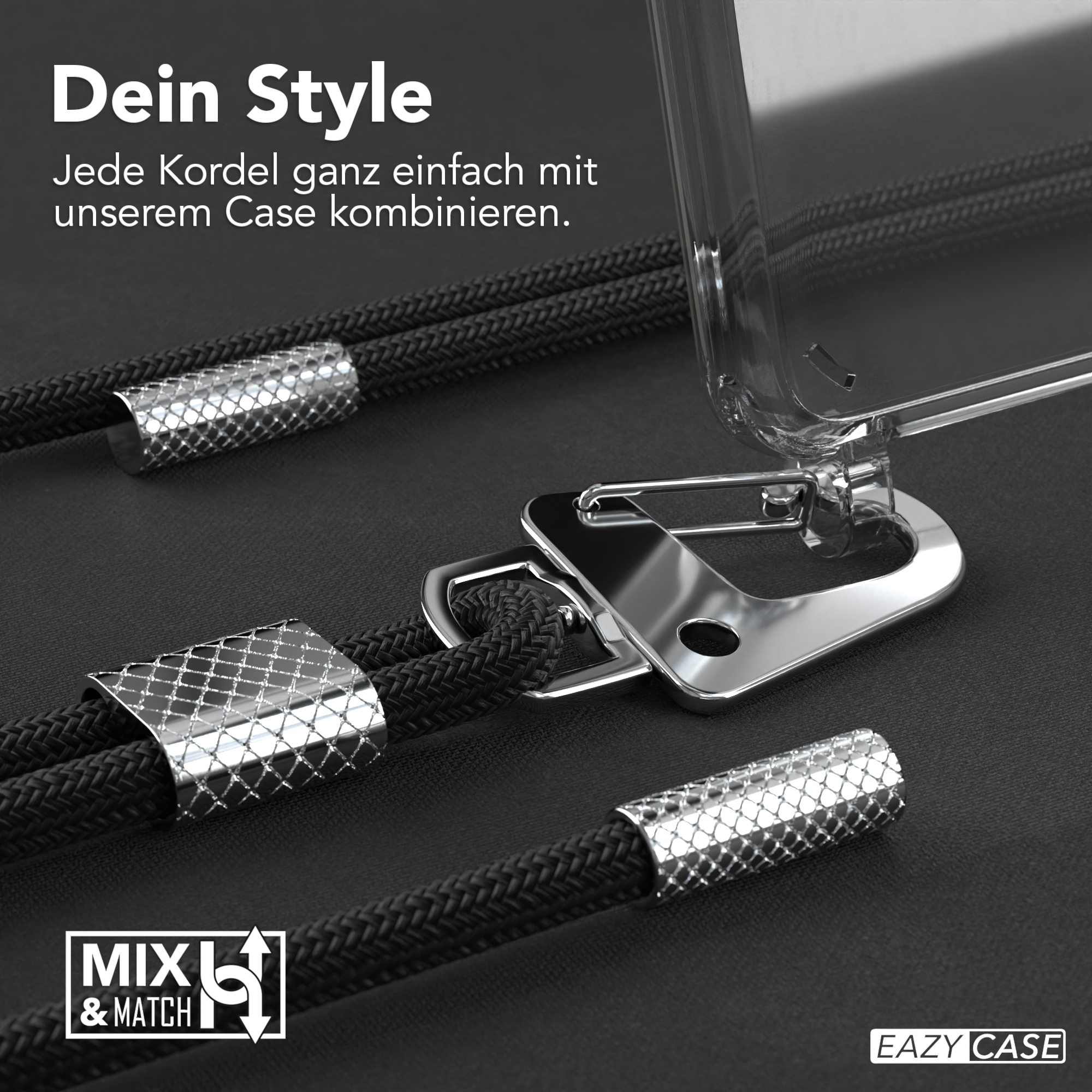 Schwarze Telefonkabel mit silbernen Metallakzenten und eine transparente Handyhülle mit schwarzem Hintergrund.