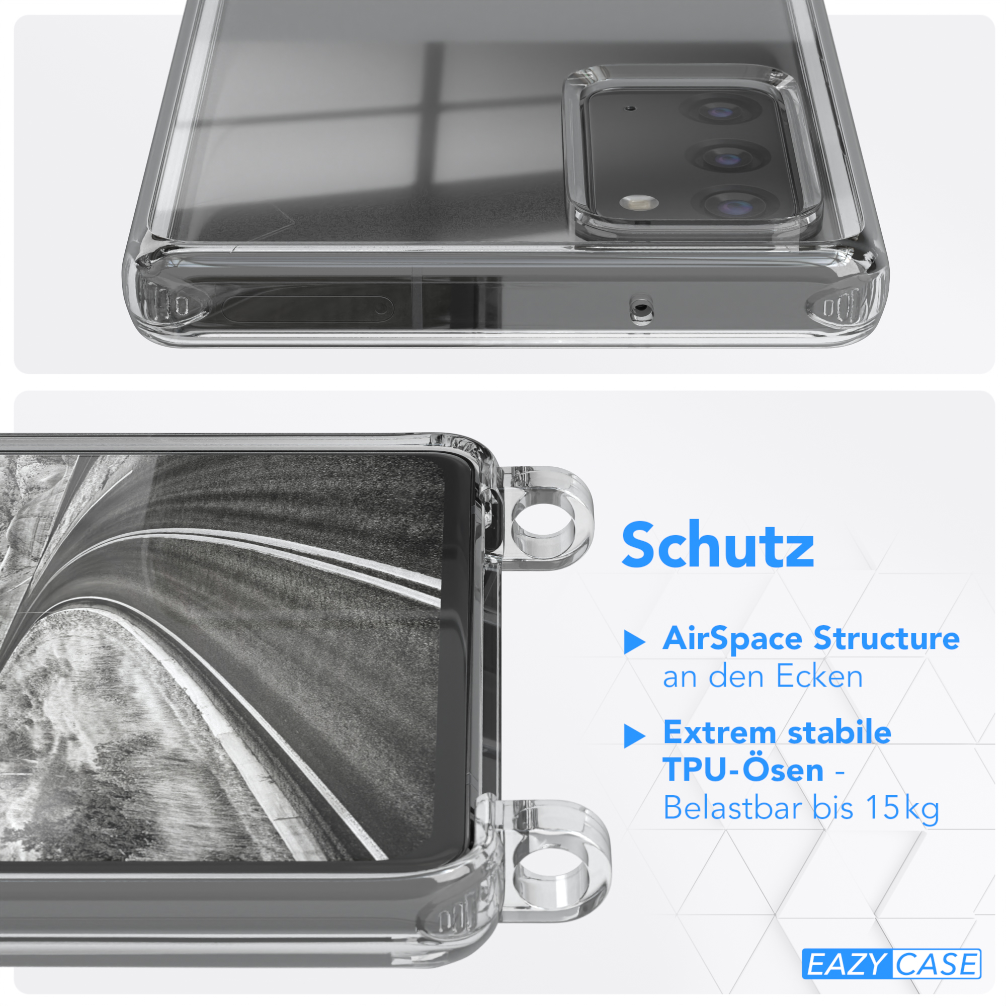 Handyhülle mit durchsichtigem Rücken und Schutzfunktionen. Text: AirSpace Structure und TPU.