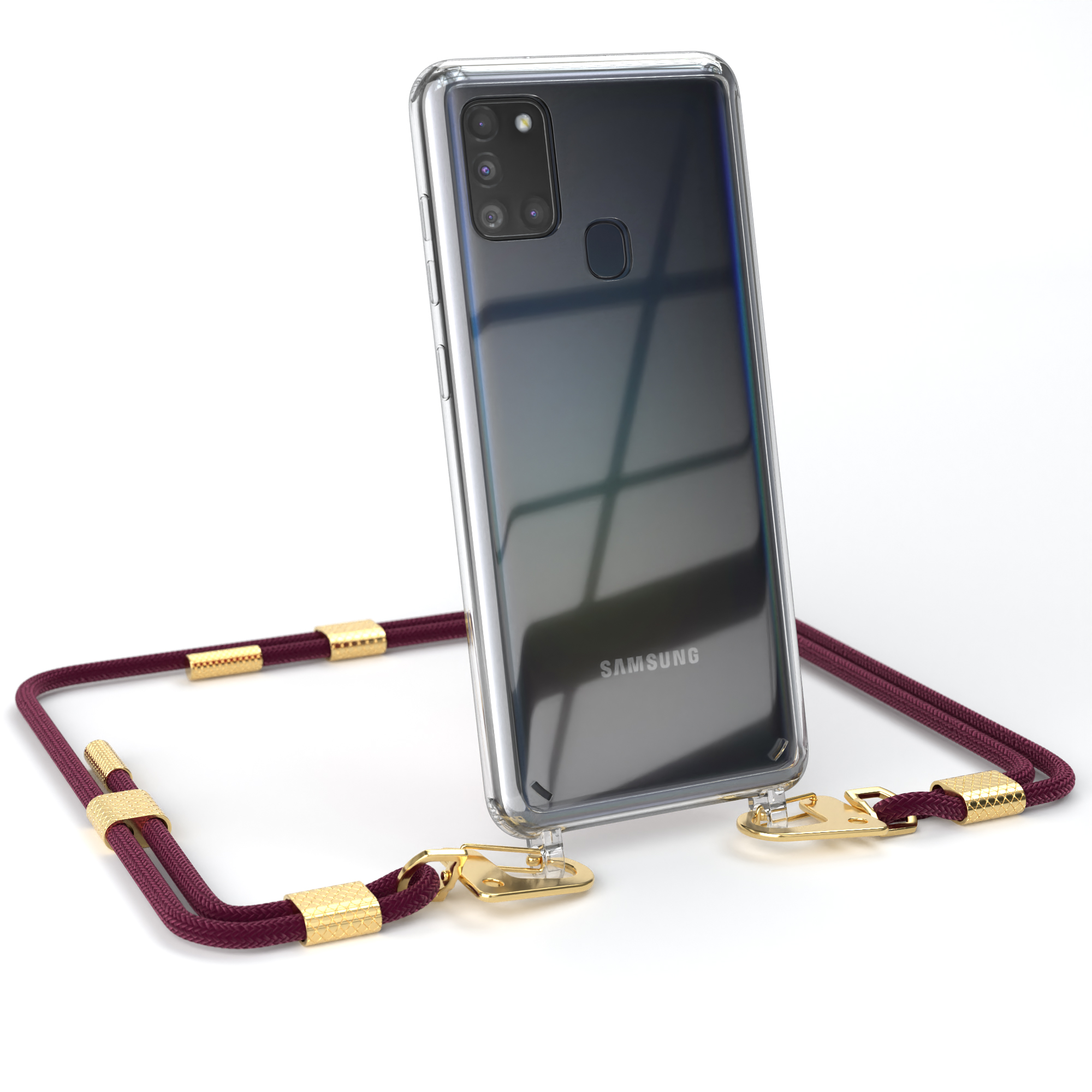 Transparente Handyhülle mit weinrotem Kordel und goldenen Akzenten, hält ein Handy.
