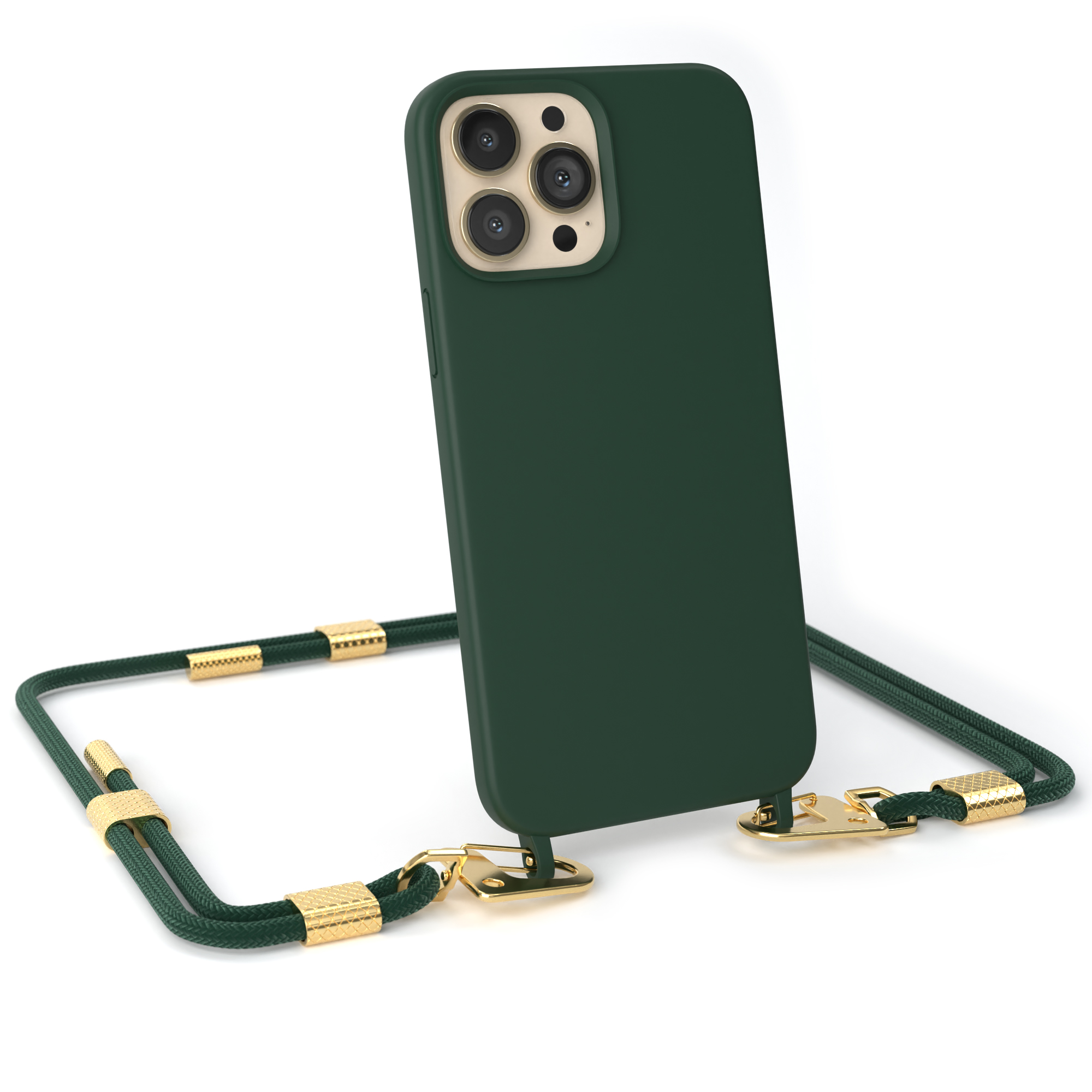 Grüne Handyhülle mit grünem Lanyard und goldenen Akzenten. Das Telefon ist angewinkelt.