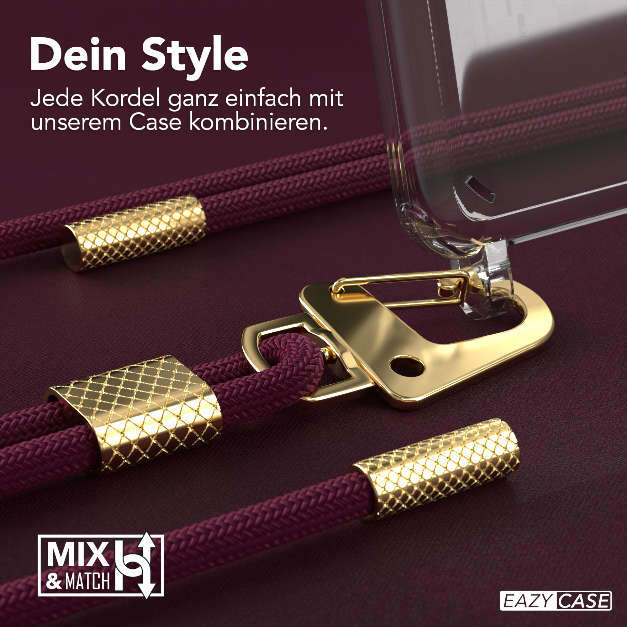 Handyhülle mit weinroten Riemen und goldenen Verschlüssen. Text: Dein Style. Eazy Case Logo.