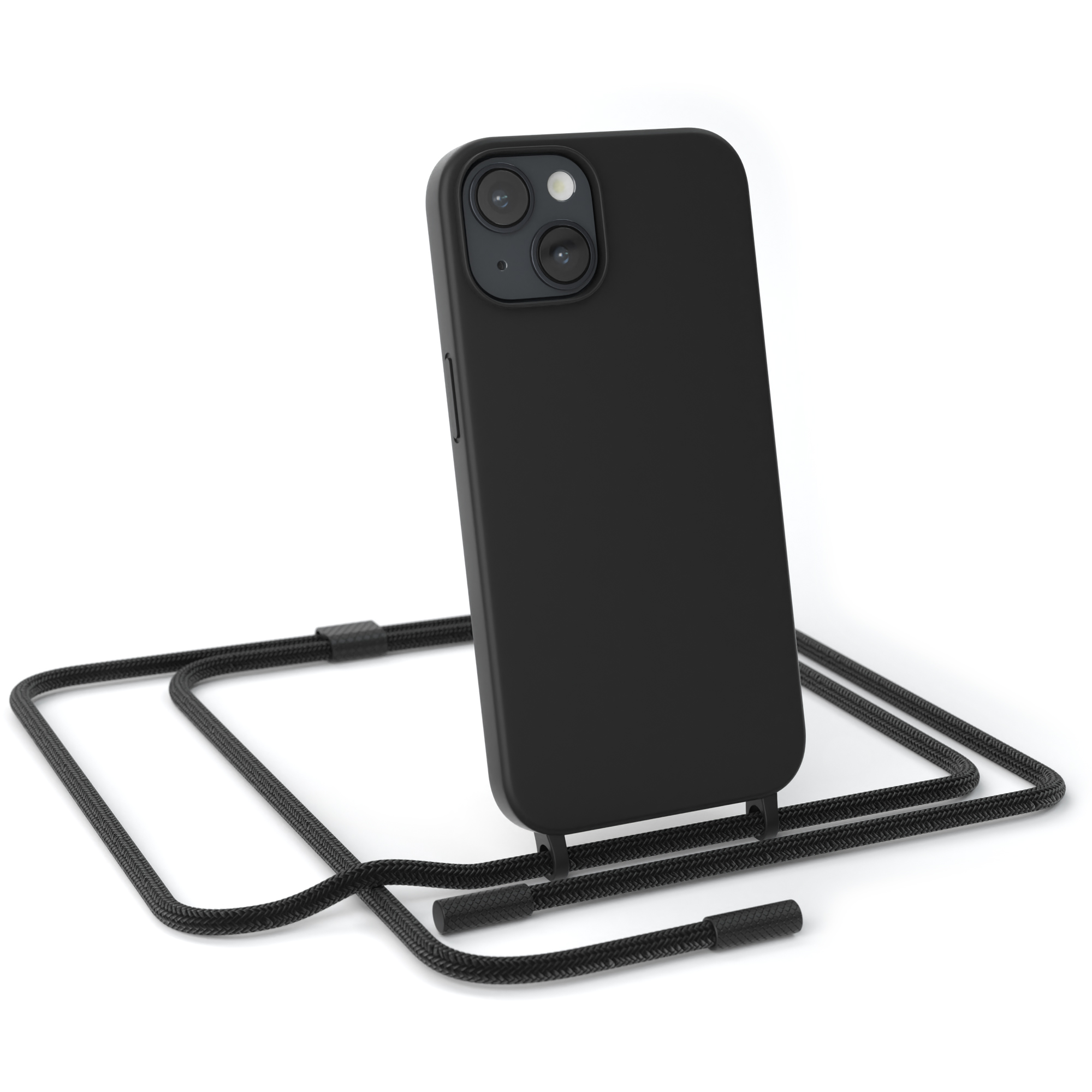 Schwarzes Telefon mit schwarzer Seilkette. Zwei Kameras sind sichtbar. Weißer Hintergrund.