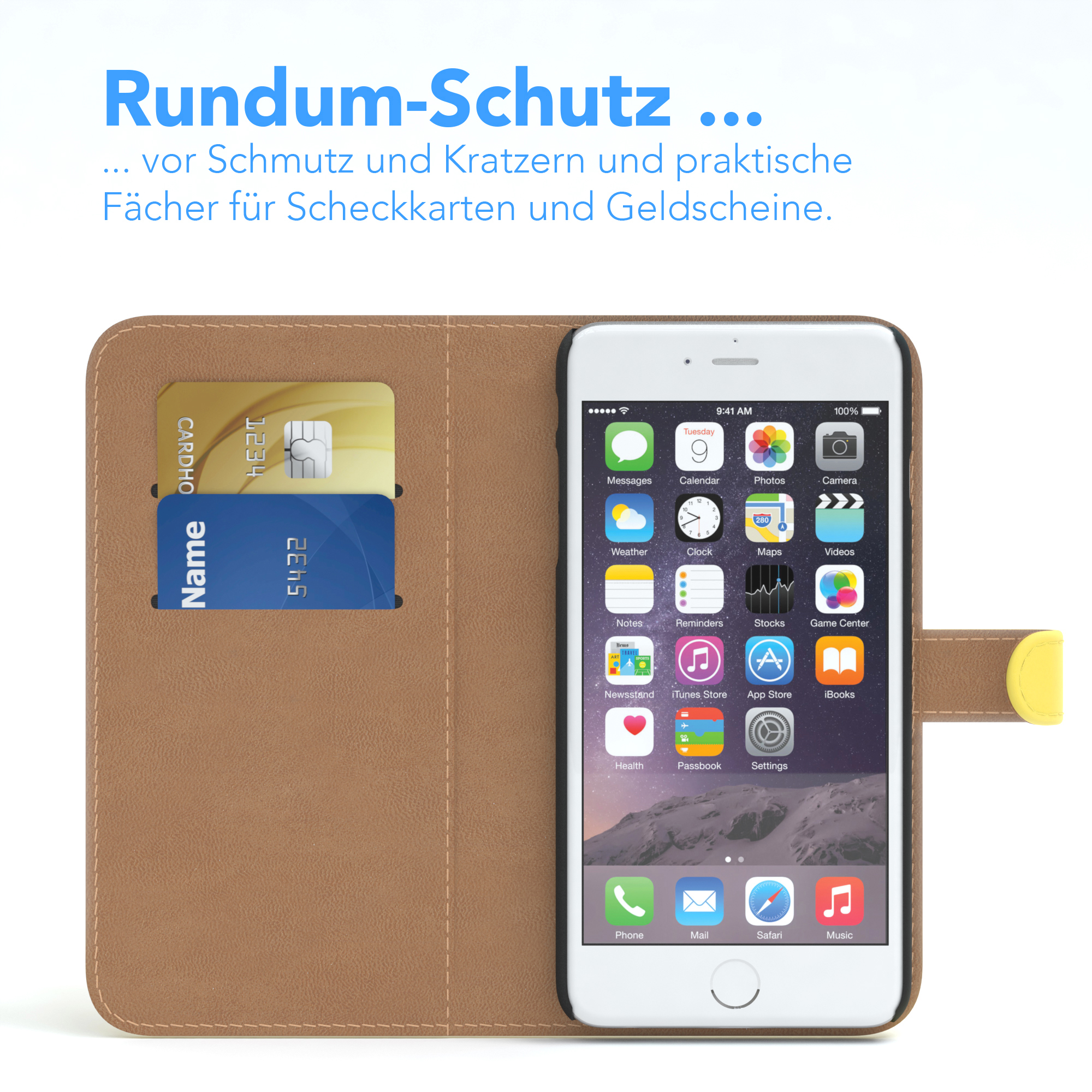 Geöffnete Handyhülle mit Kreditkarten, die den Bildschirm mit App-Symbolen und einem gelben Tab zeigt.