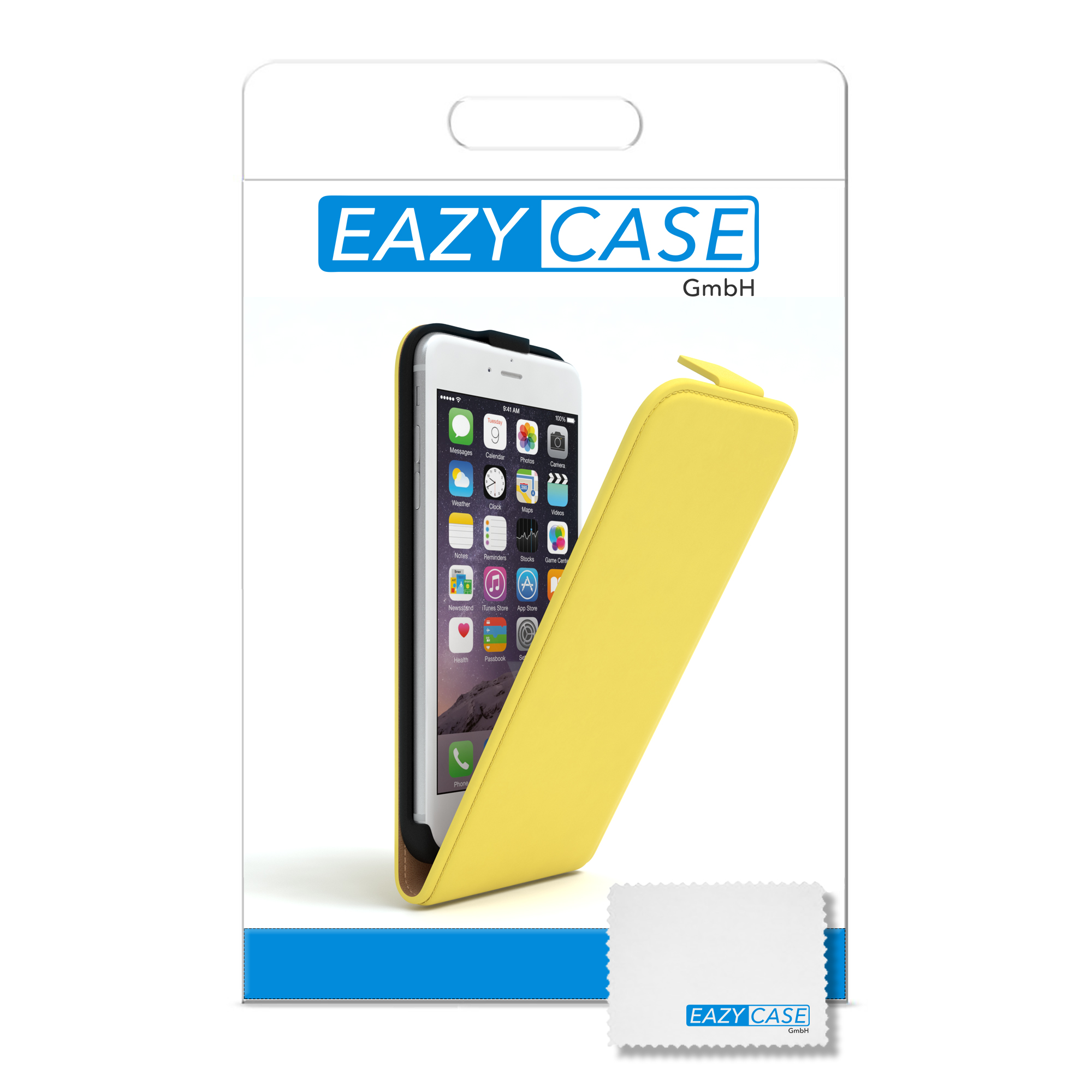 Handyhülle mit Telefon in der Verpackung. Text: EAZY CASE. Ein Reinigungstuch ist vorhanden.
