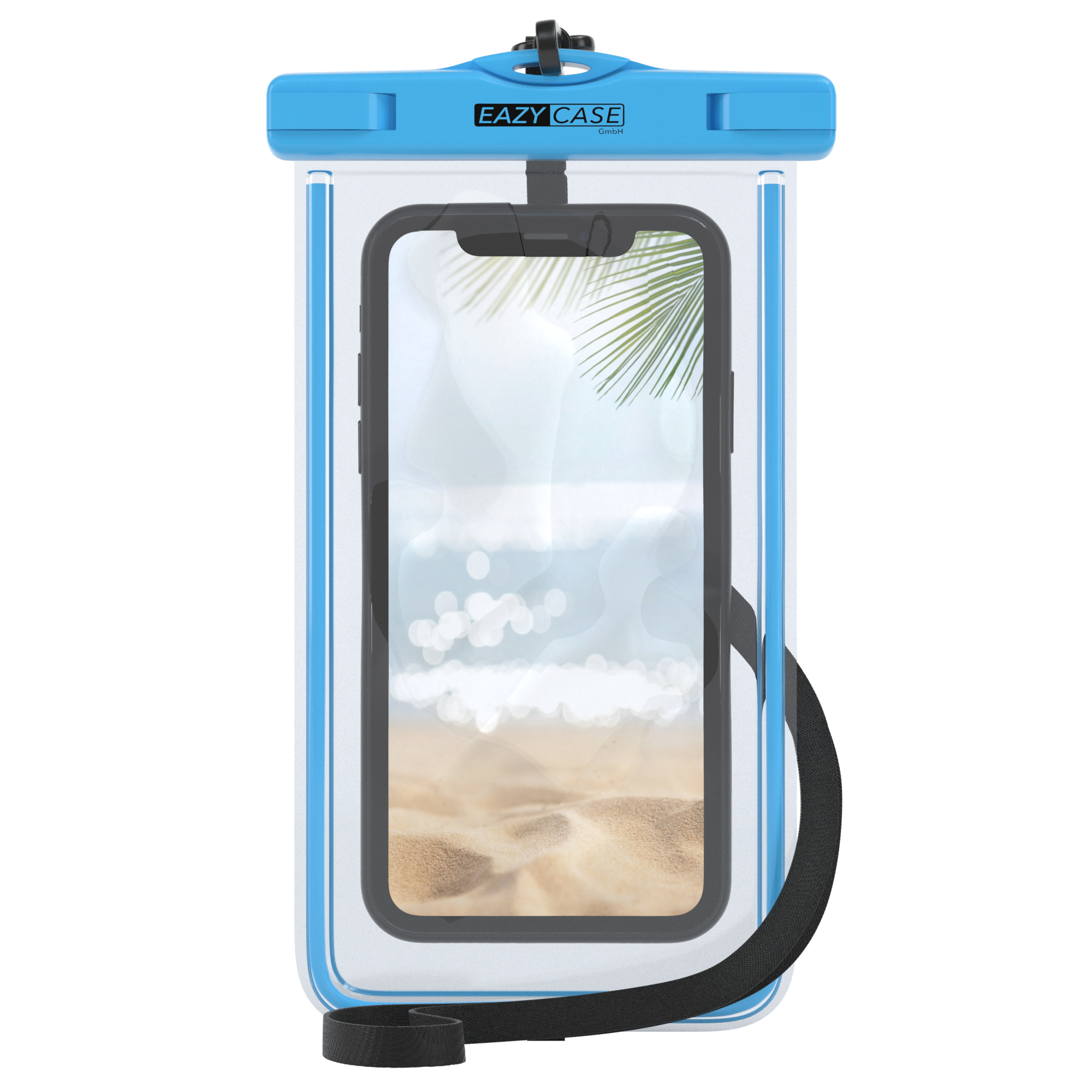 Telefon in blauer wasserdichter Hülle, mit einer Strandszene auf dem Bildschirm.