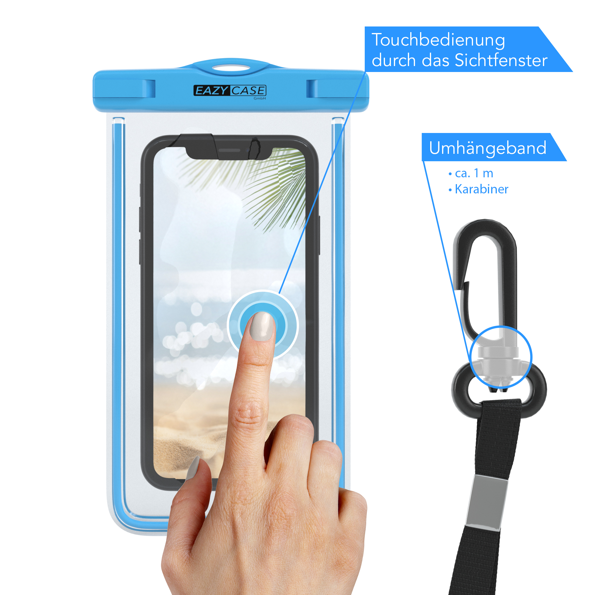Hand berührt Telefonbildschirm in wasserdichter Hülle.