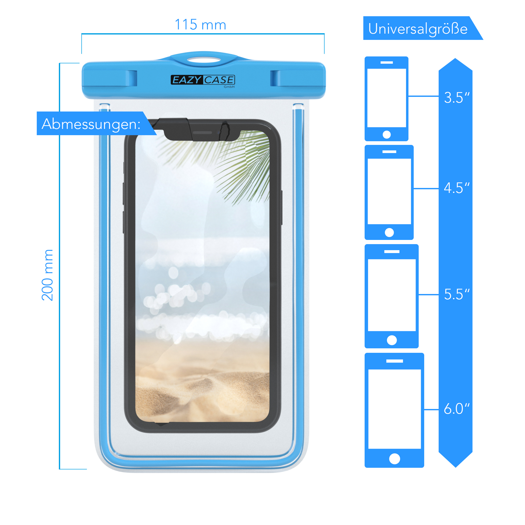 Telefon in einer blauen wasserdichten Tasche mit Abmessungen und gekennzeichneten Telefongrößen. Text: "Eazy Case".