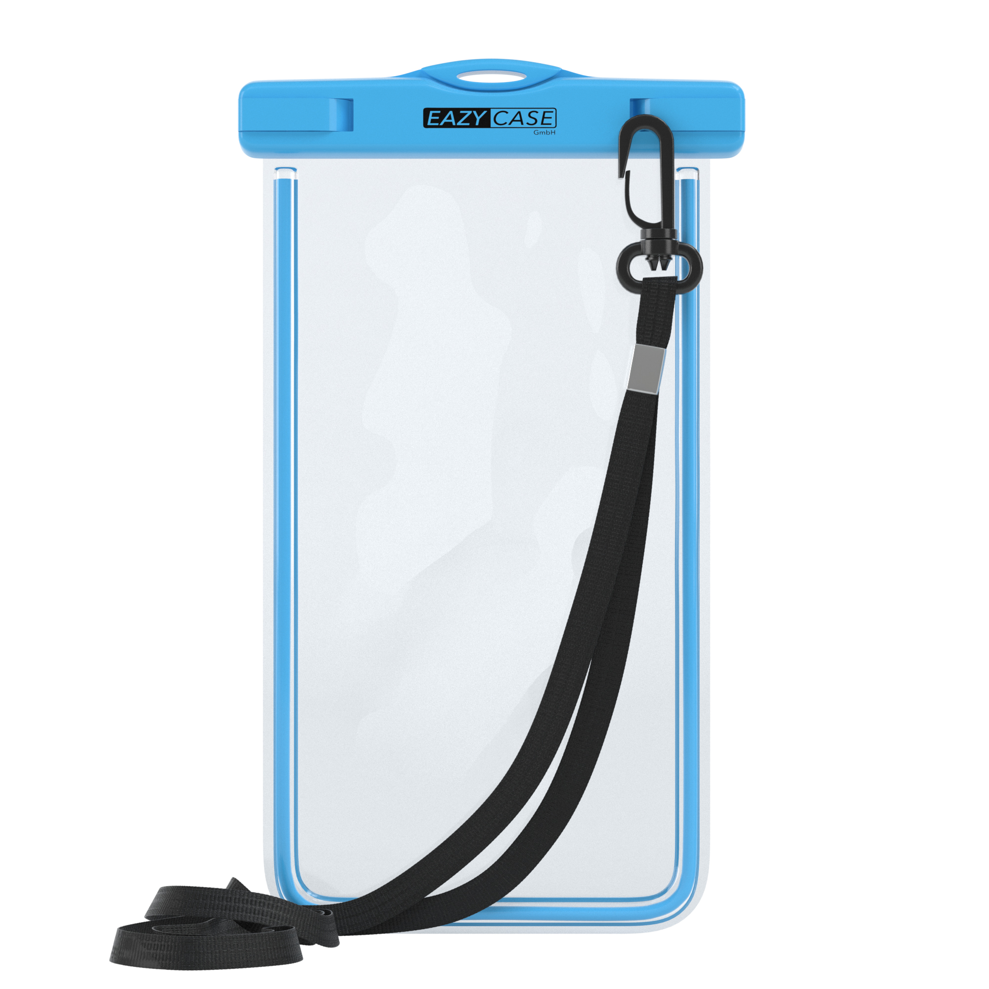 Eine transparente wasserdichte Handyhülle mit schwarzem Umhängeband und blauem Rand.