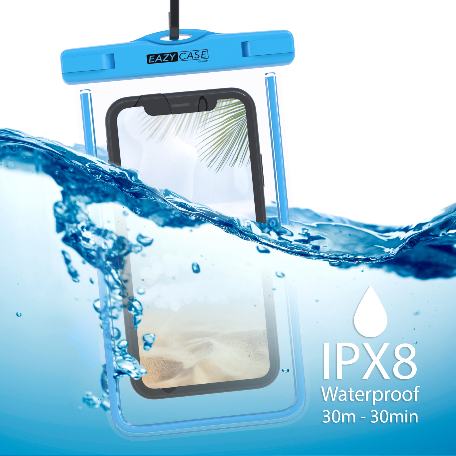 Telefon in wasserdichter Hülle unter Wasser.