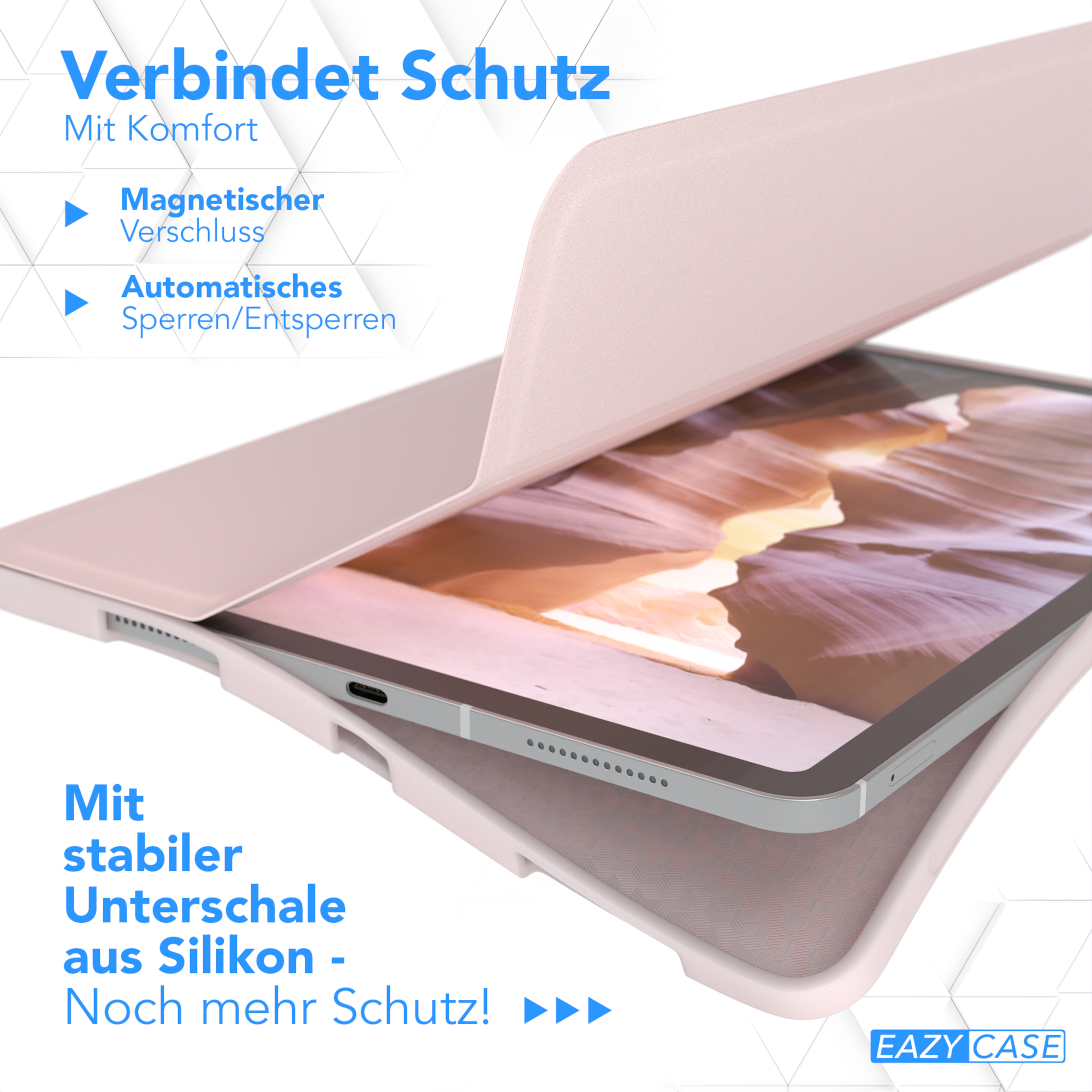 Rosa Tablethülle mit geöffneter Schutzhülle. Text enthält Schutzdetails und Markennamen EAZY CASE.