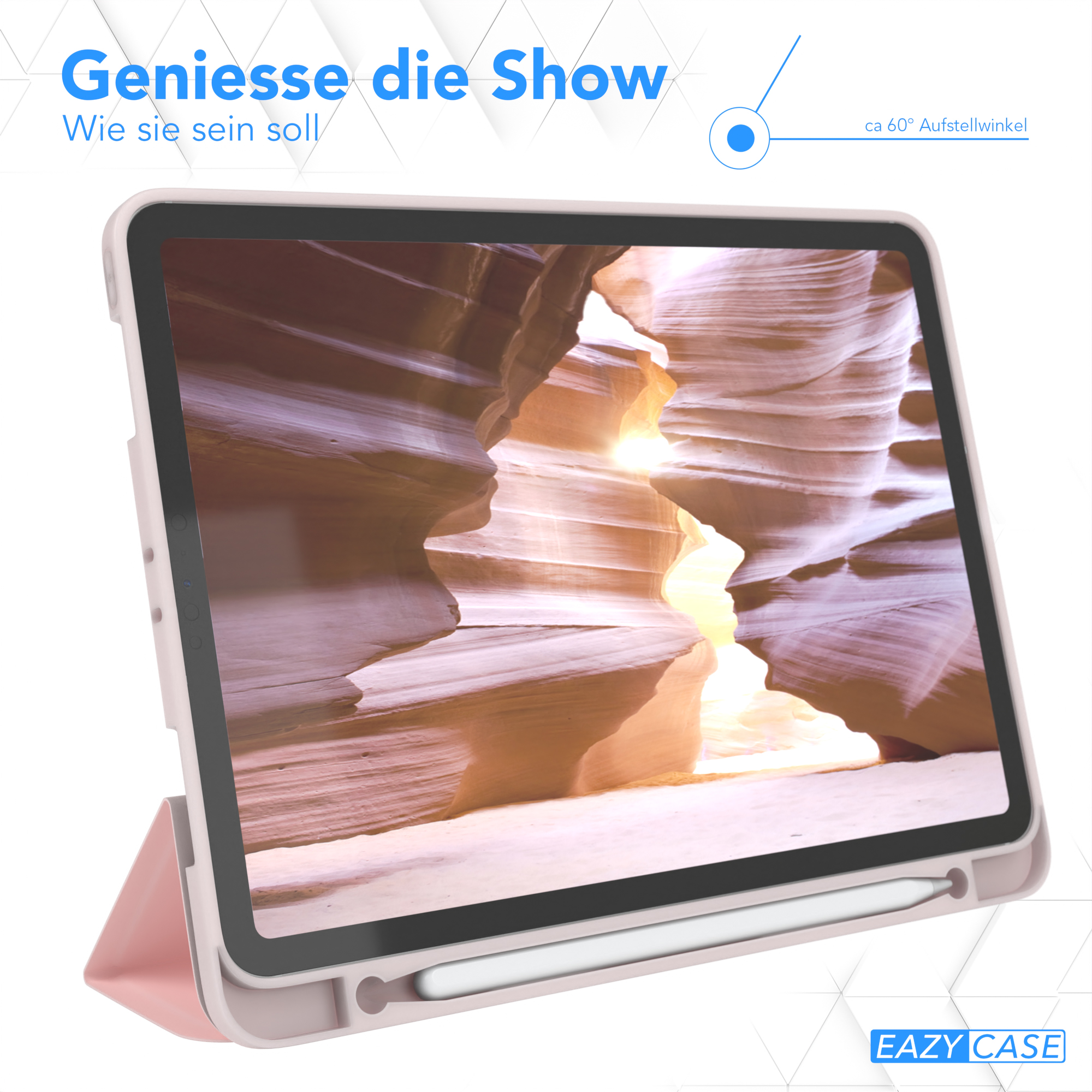 Tablet auf Ständer mit Canyon-Ansicht. Rosa Hülle. Weißer Stift.