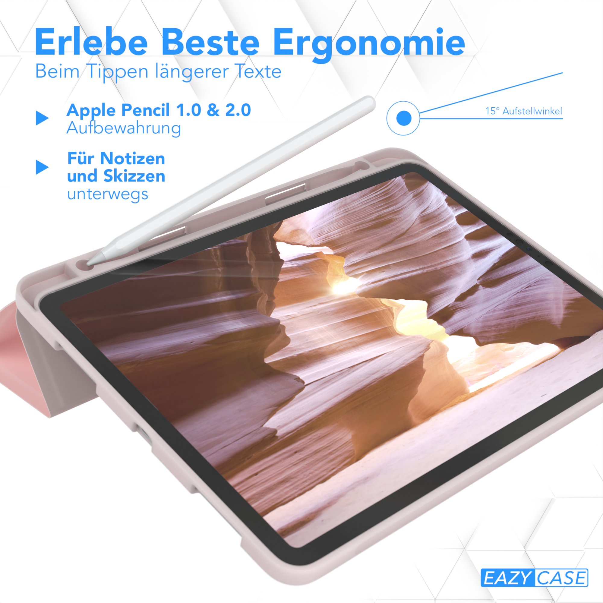 Tablet mit Stift. Der Bildschirm zeigt ein detailliertes Canyon-Bild. Rosa Hülle mit Textüberlagerung.