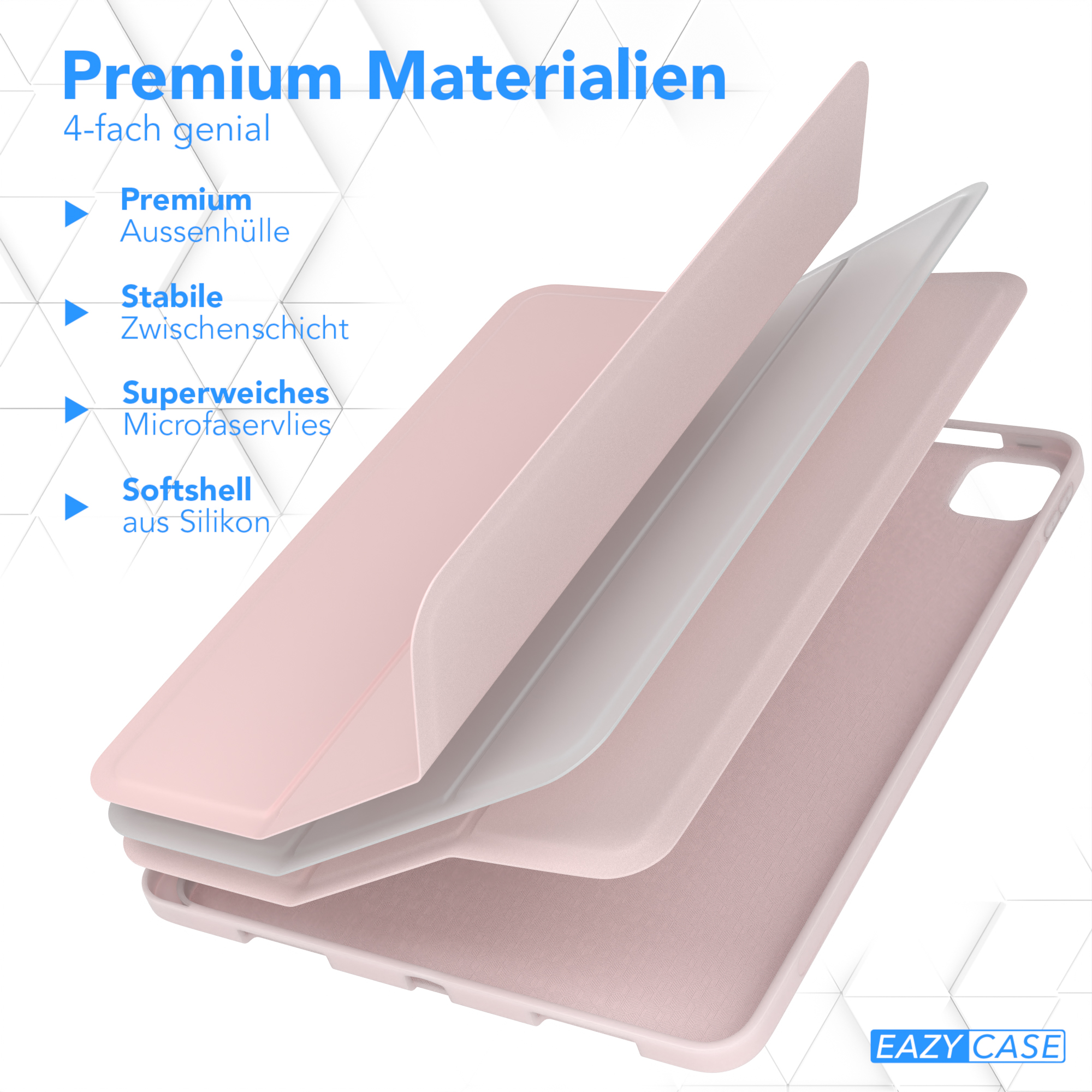 Diagramm der Handyhüllen-Schichten: Premium-Außenschale, stabile Zwischenschicht, Mikrofaser-Schicht und weiches Silikon.