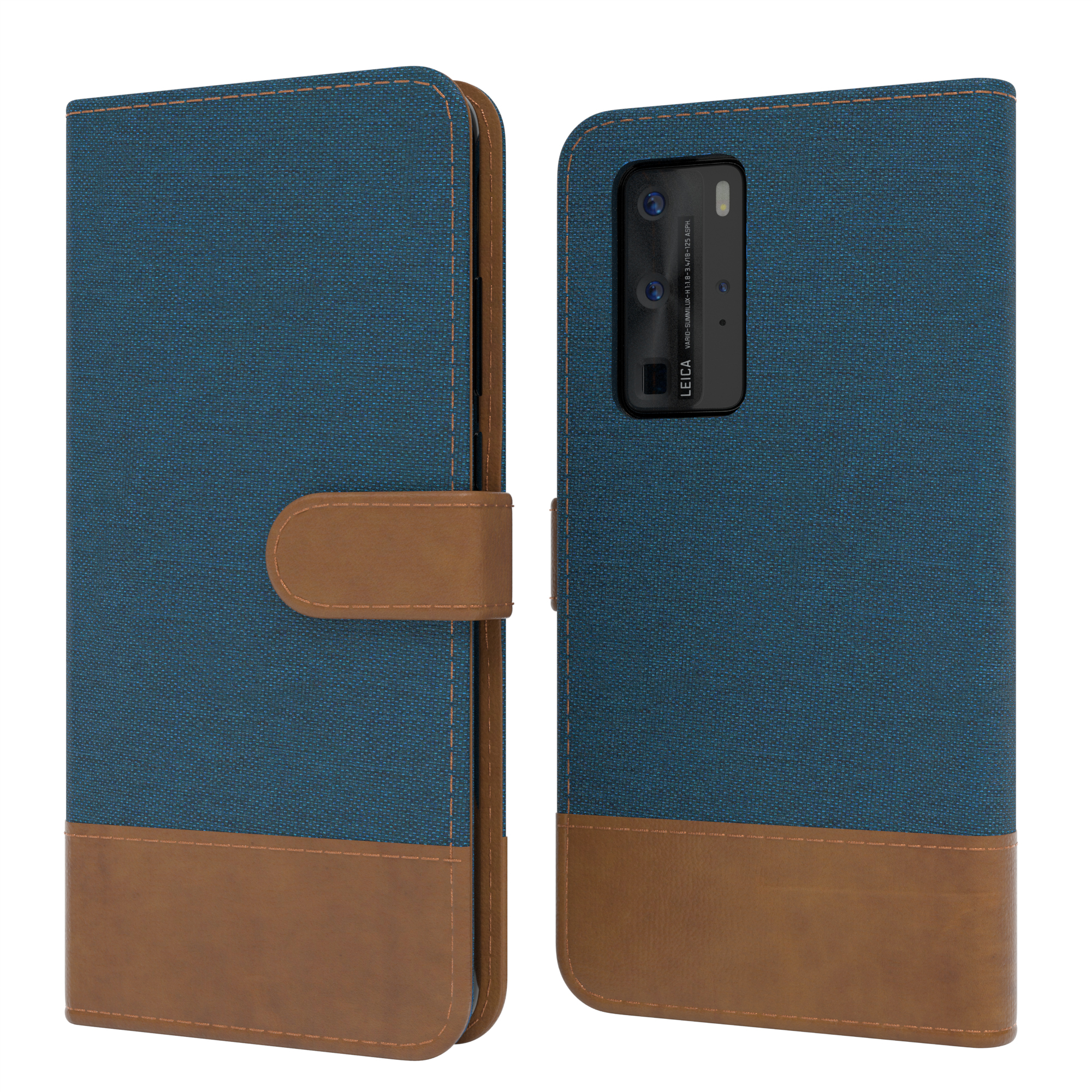 Geöffnete Handyhülle, Vorder- und Rückseite. Blauer Stoff mit braunem Lederboden.