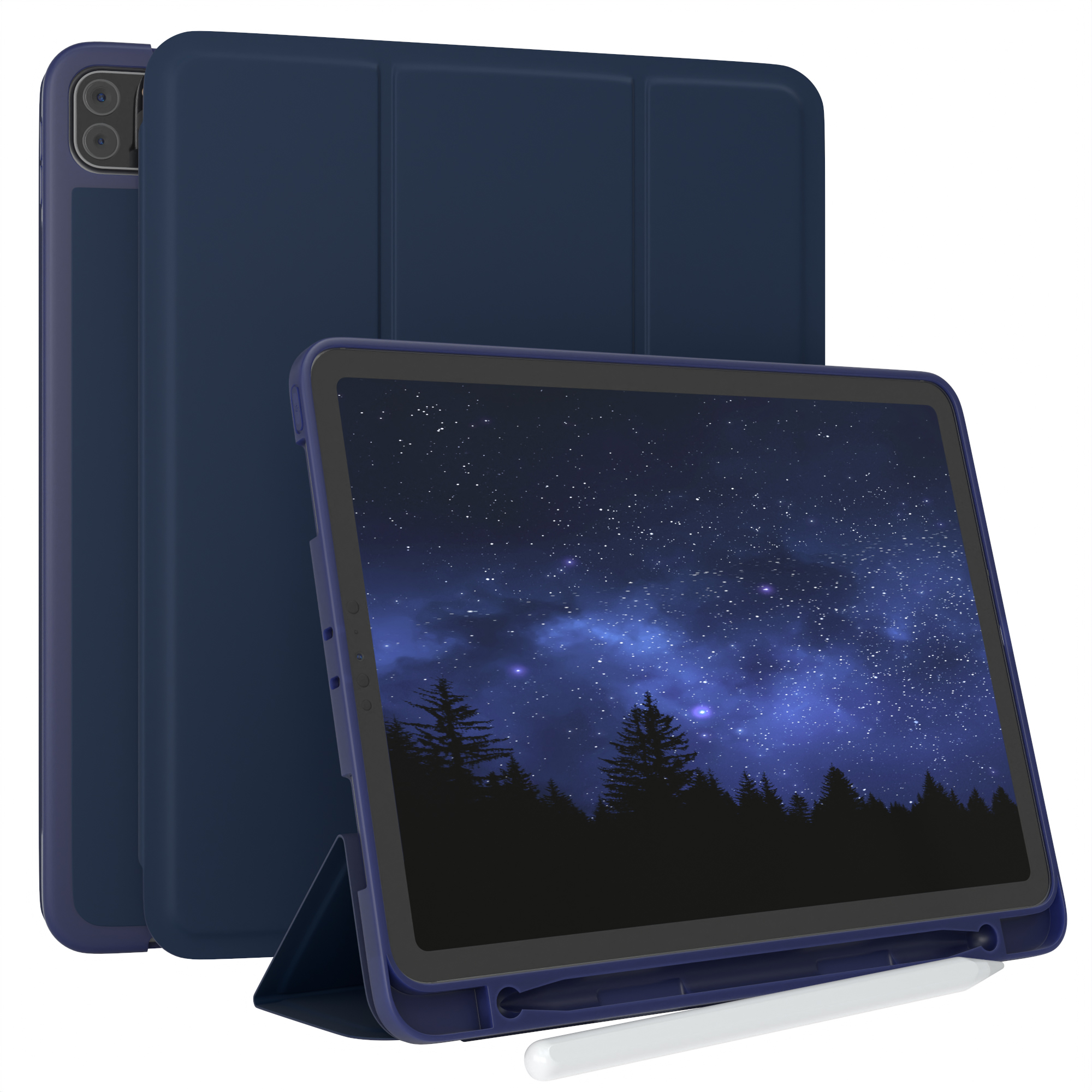 Dunkelblaues Tablet-Case. Das Tablet zeigt eine sternenklare Nachtszene.