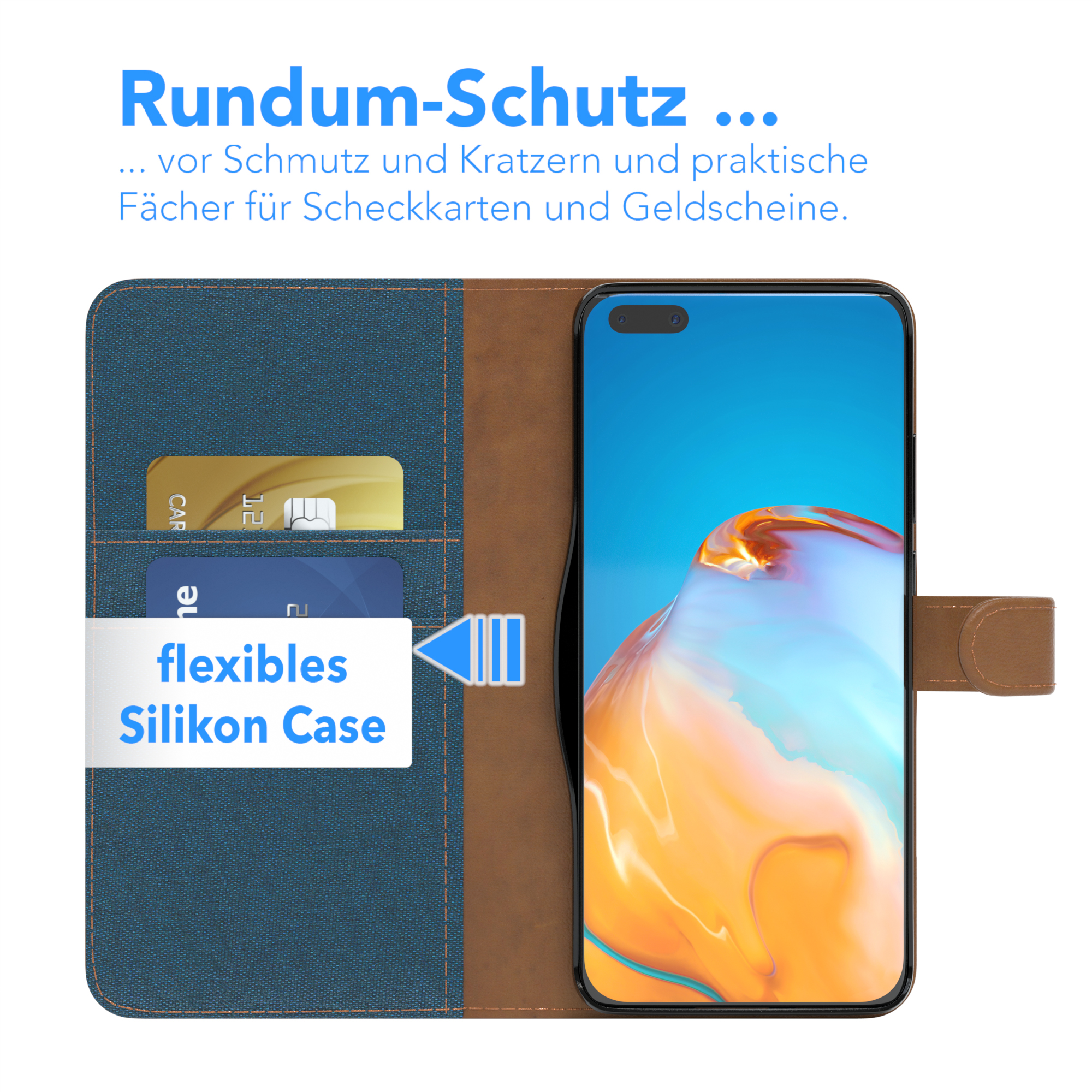 Eine Handyhülle mit Karten im Inneren und ein Telefon im Inneren wird gezeigt, wobei die Hülle geöffnet ist.