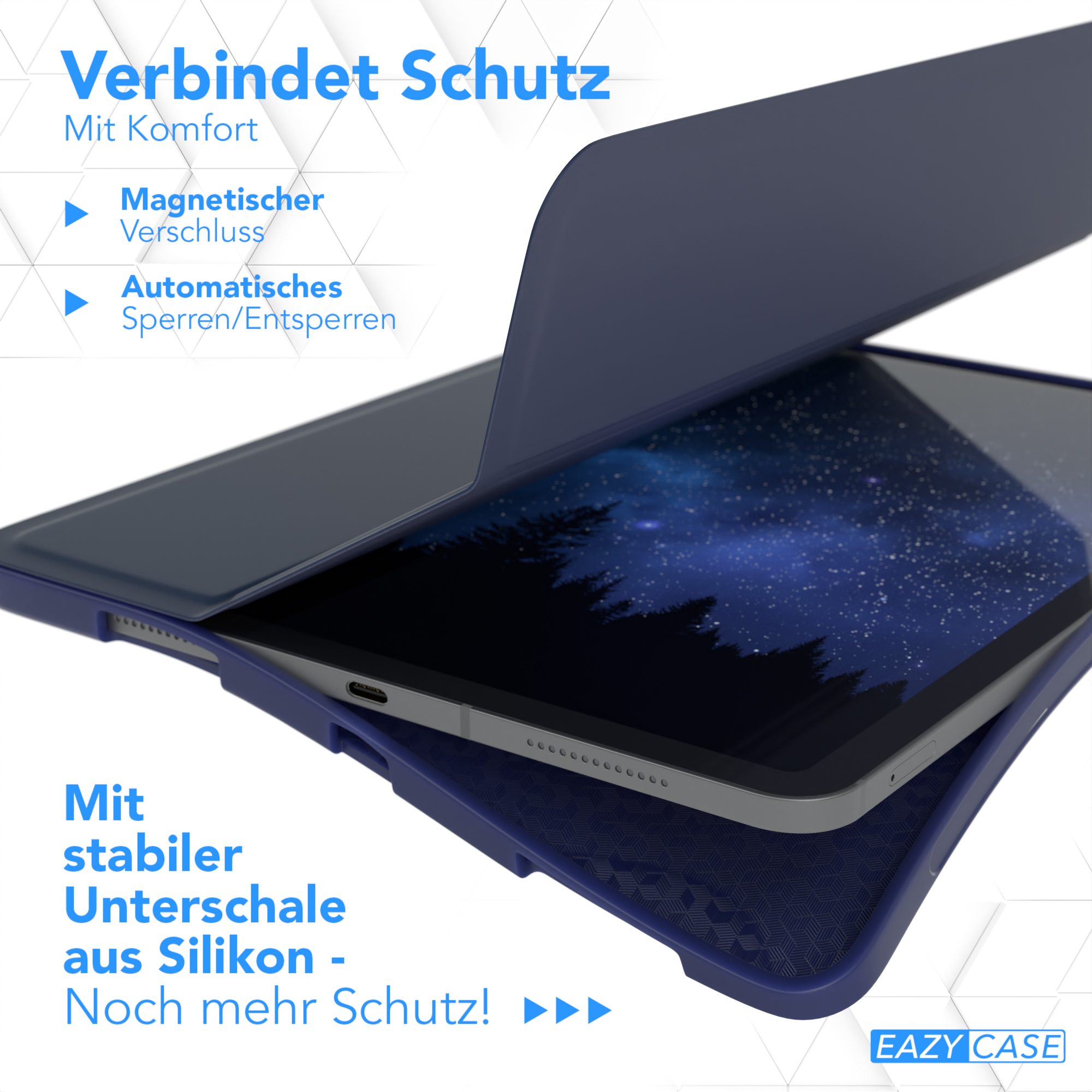 Tablet-Hülle. Geöffnet, Tablet sichtbar. Text: Magnetverschluss, Auto-Lock/Unlock, Silikonbasis.