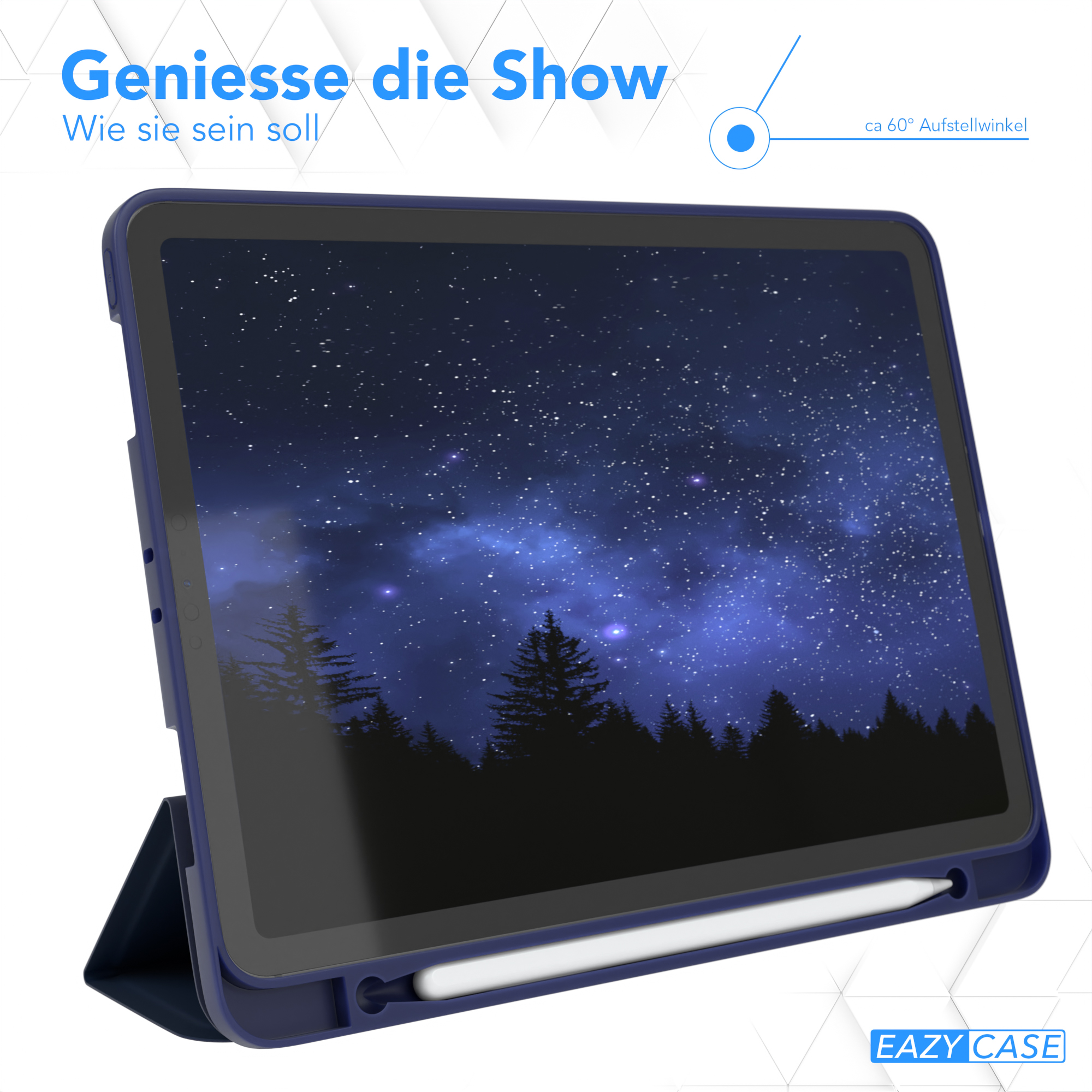 Tablet in einer Hülle, die ein Sternenhimmel-Bild zeigt. Die Hülle ist dunkelblau.