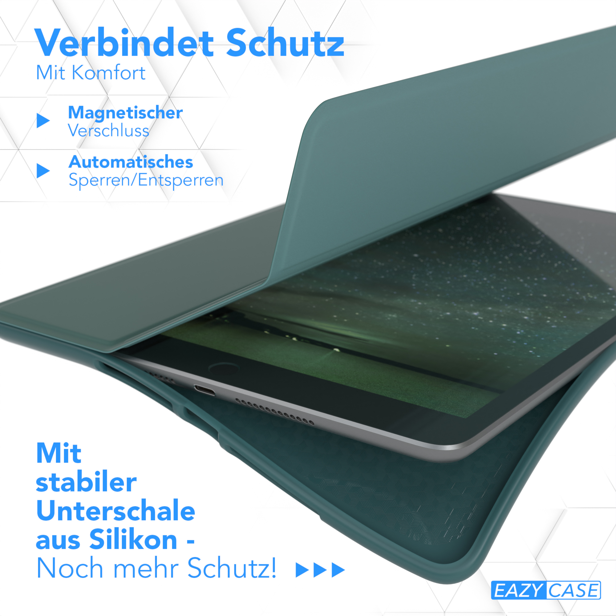 Tablet-Hülle geöffnet. Text auf Deutsch über Schutz. Grüne Hülle mit einem Tablet darin.