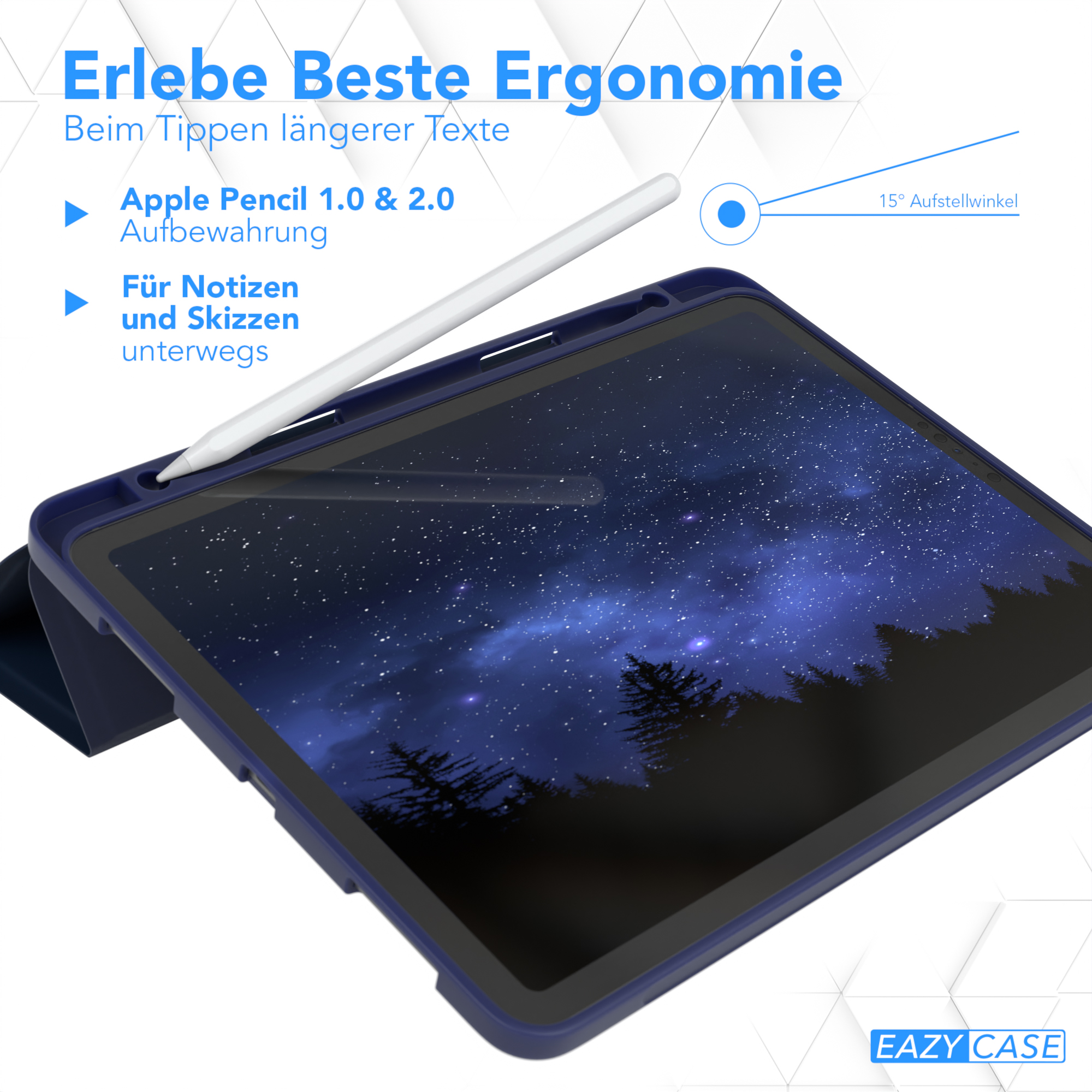 Tablet und Eingabestift. Tablet-Hülle. Blaue Hülle mit Apple Pencil. Der Bildschirm hat ein Sternenhimmel-Bild.