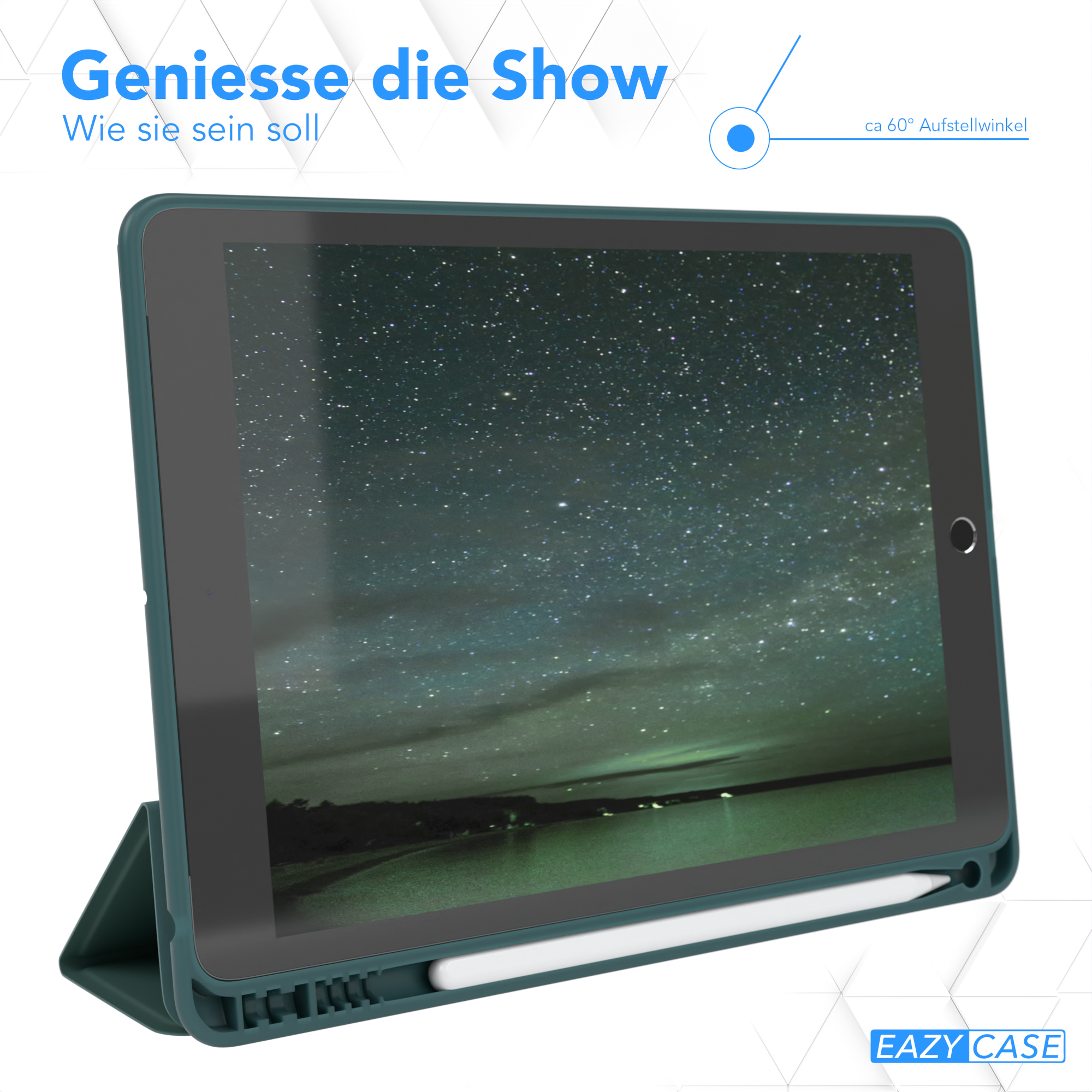 Tablet auf einem Ständer, zeigt eine sternenklare Nachtszene. Blaue Akzente und ein weißer Stift.