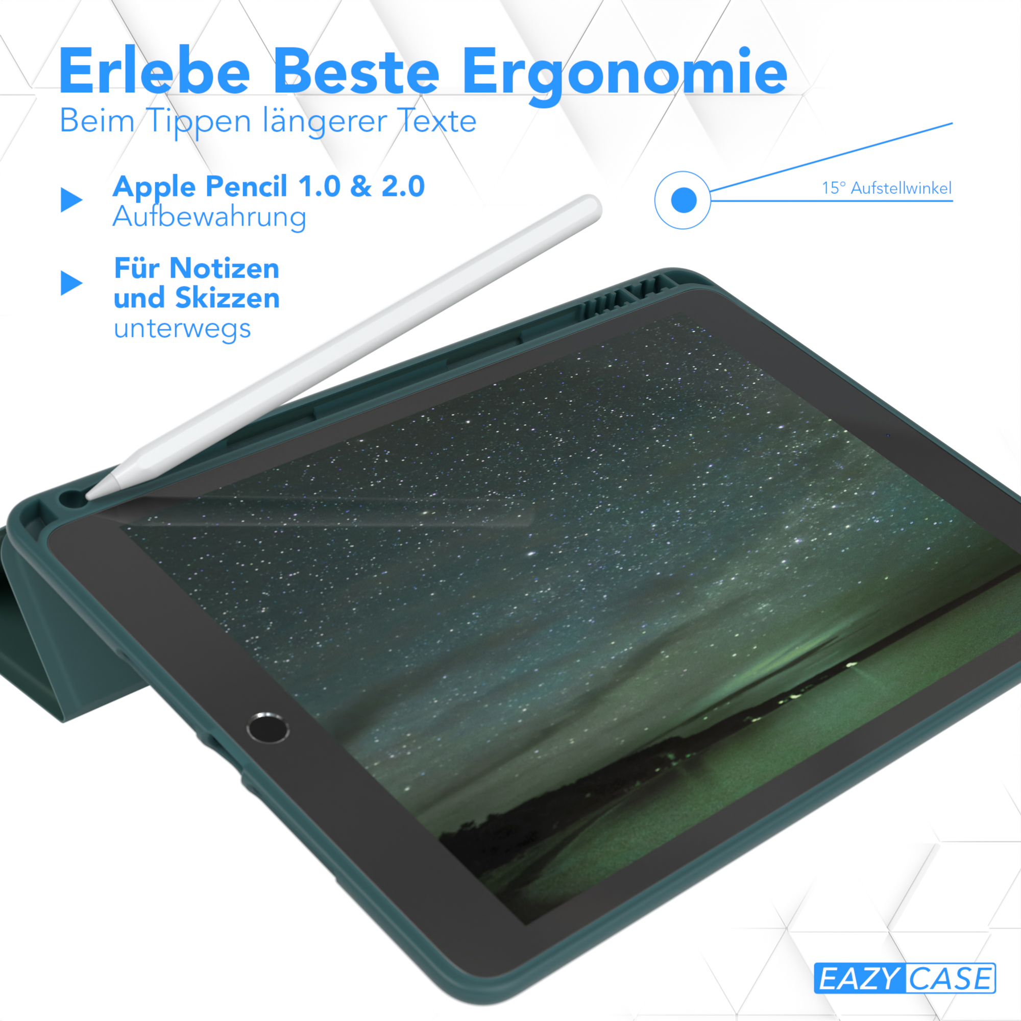 Tablet mit Stift und Text, der die ergonomischen Vorteile erklärt.