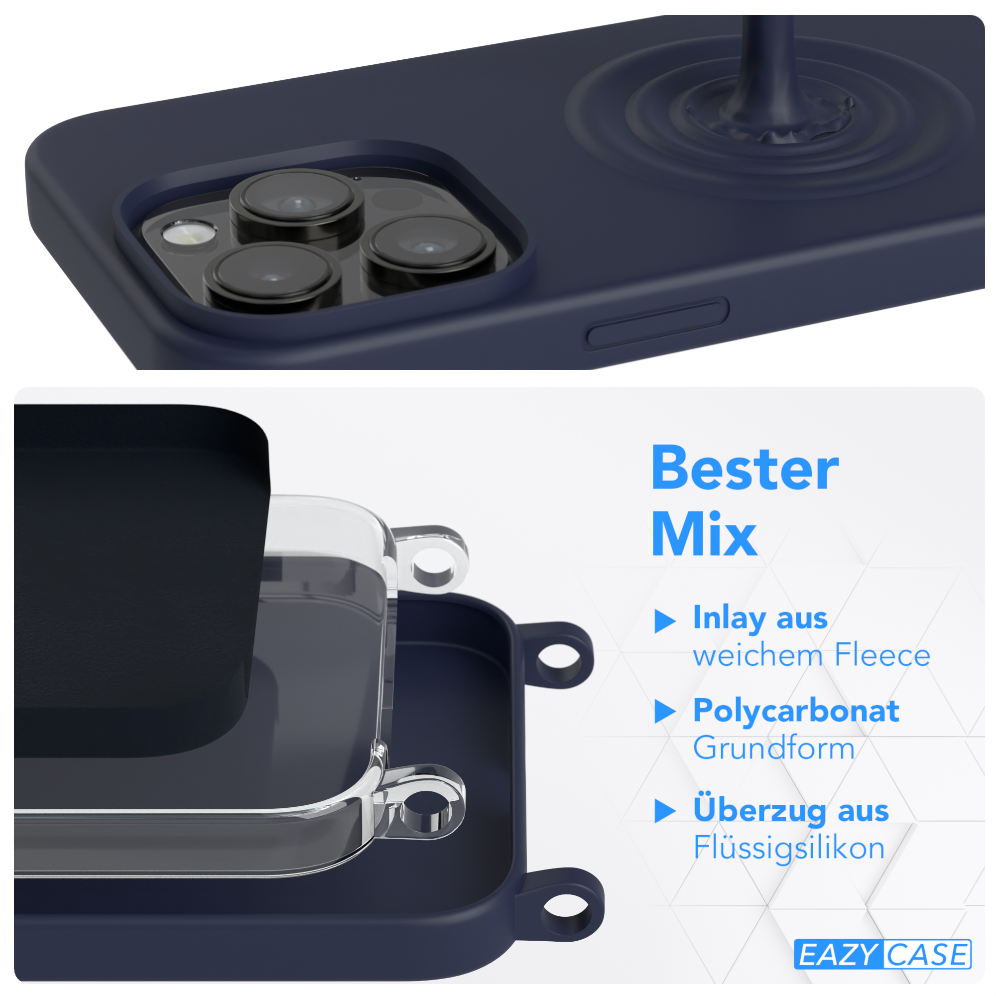 14 Apple, Umhängetasche, Full CASE Blau Dunkel Color, Pro, Runde Nachtblau iPhone / EAZY Handykette