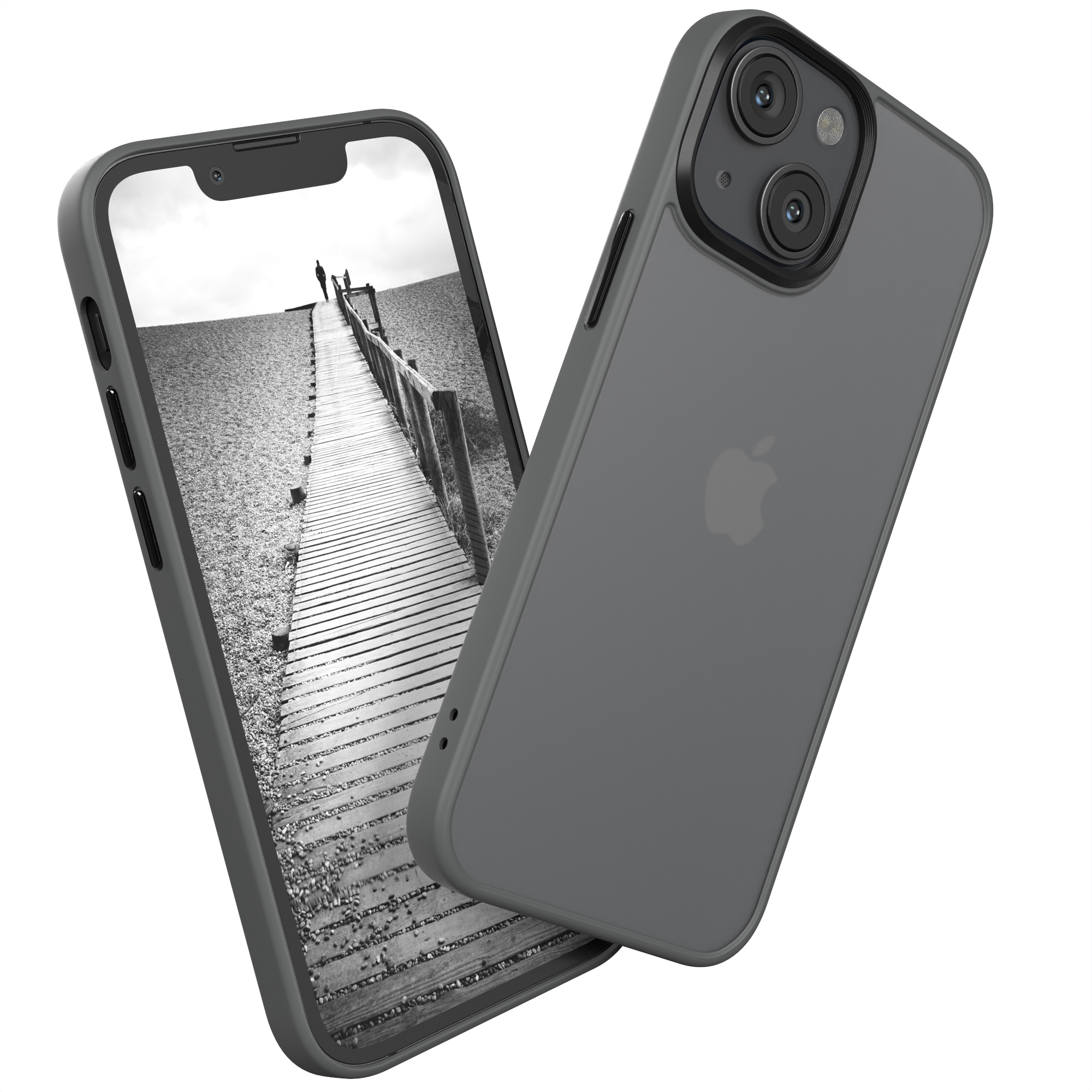 Graue Handyhülle und ein Telefon mit Brückenbild. Das Telefon ist vorne.