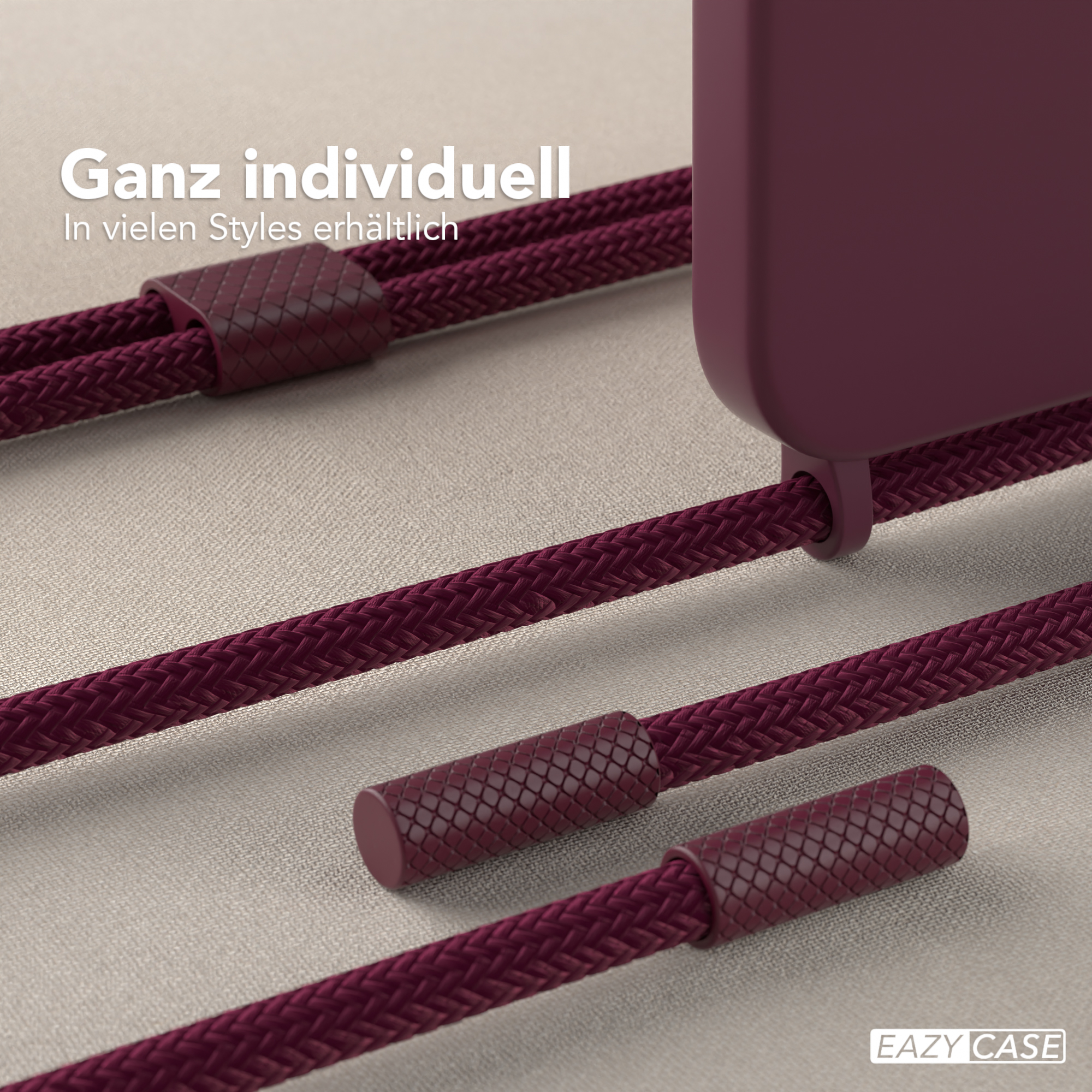 Nahaufnahme maroon Handyhülle mit passenden Kordeln, Texturdetails.