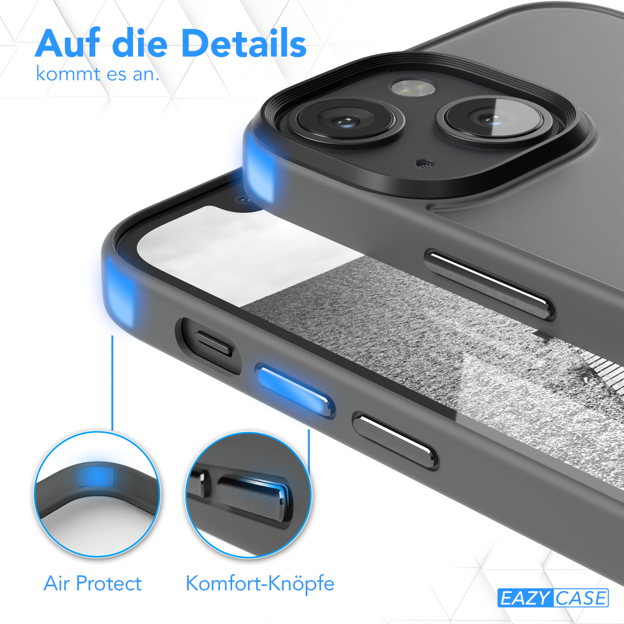 Nahaufnahme einer Handyhülle. Air Protect- und Komfort-Tasten werden hervorgehoben. Graue Hülle und blaue Akzente.