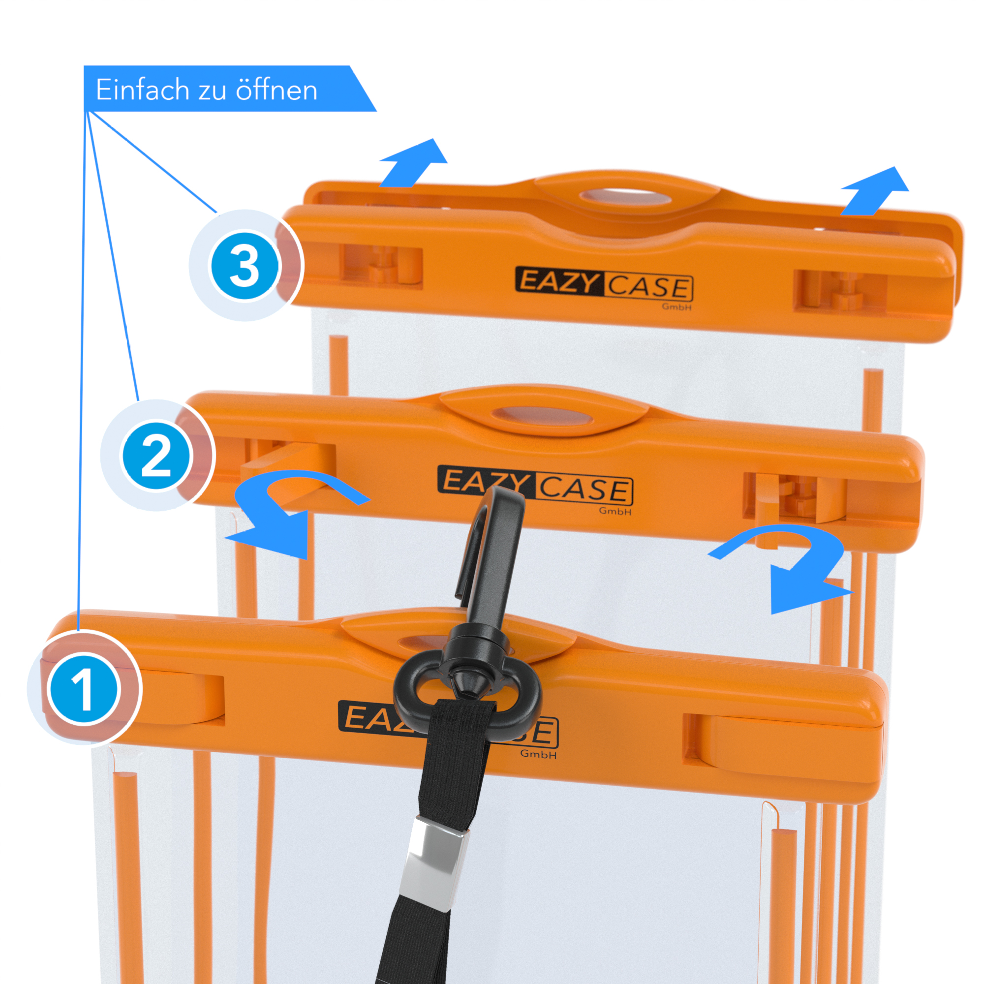 Orange wasserdichte Tasche mit den Schritten zum Öffnen. Text: "Einfach zu öffnen" und "Eazy Case".
