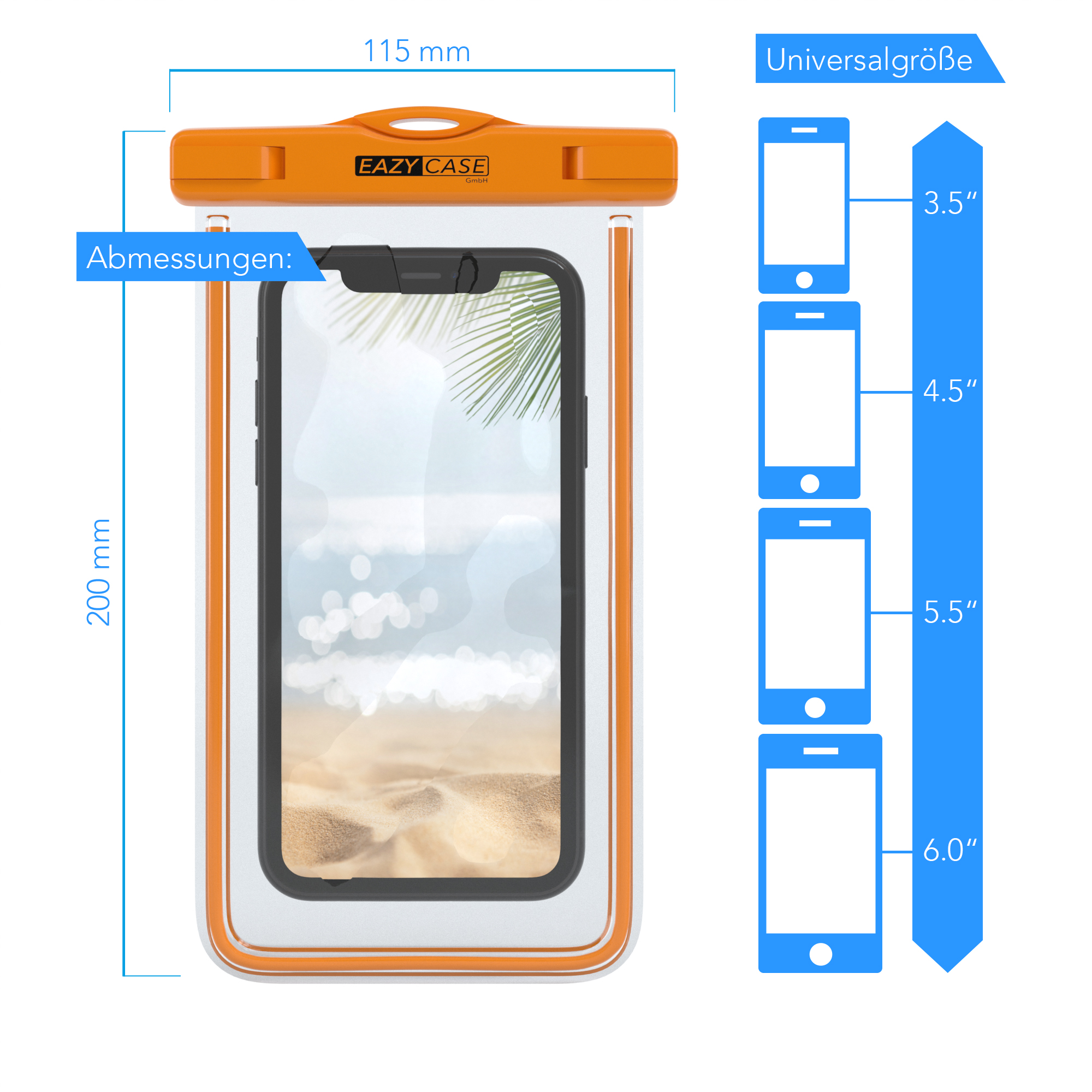 Wasserdichte Handyhülle mit Telefon im Inneren und Größenvergleiche.