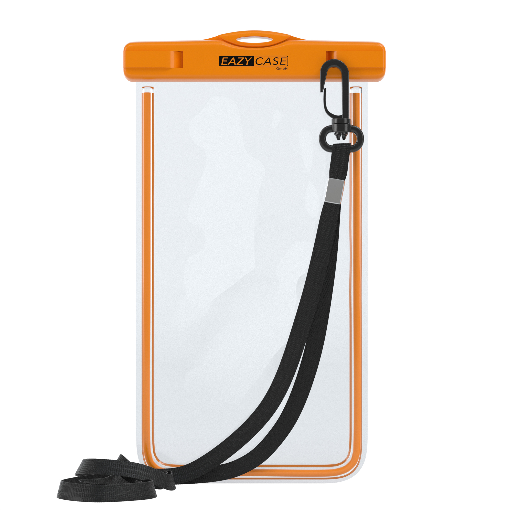 Orangene wasserdichte Handyhülle mit schwarzem Riemen und Clip.