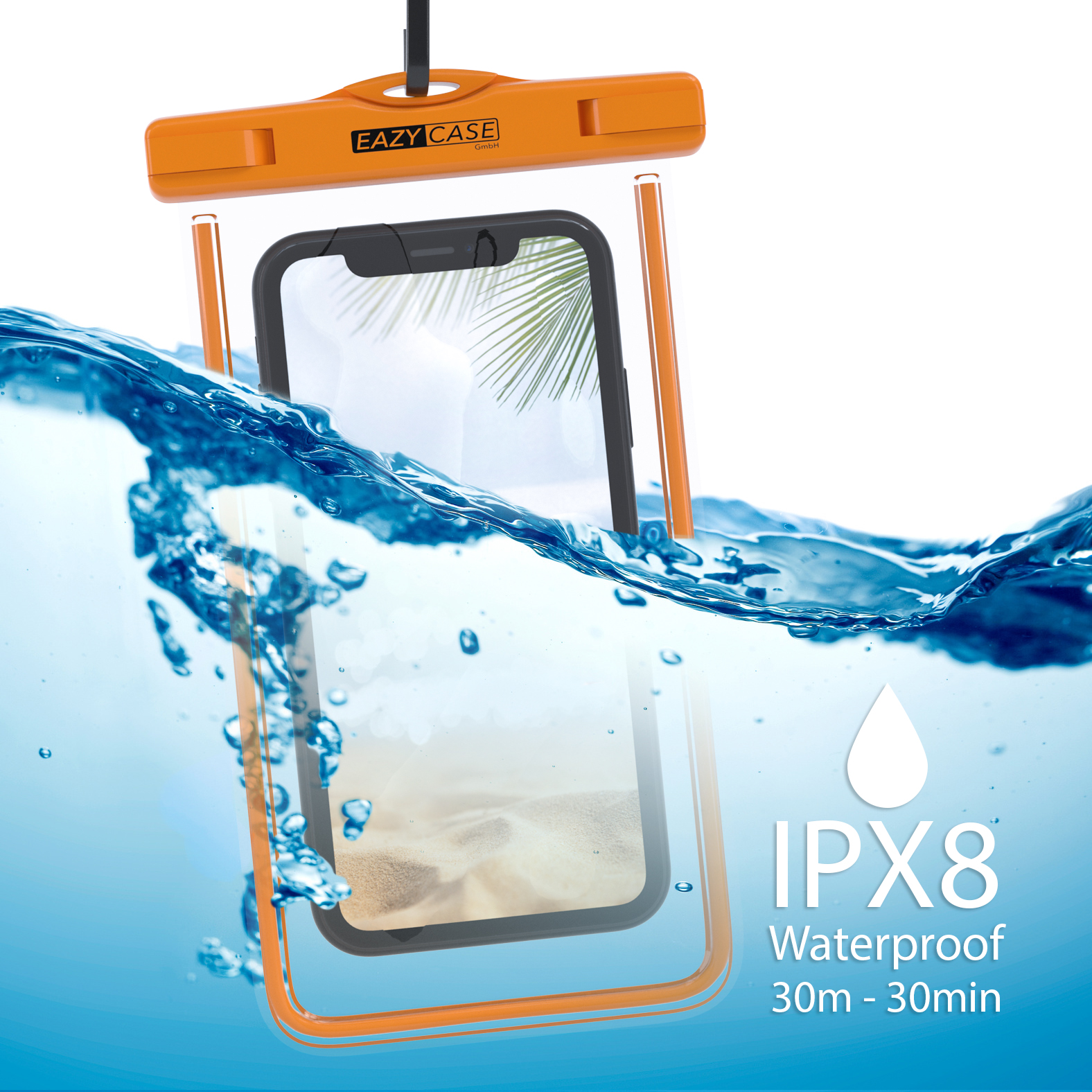 Eine orangefarbene Handyhülle im Wasser. Ein Telefon befindet sich darin. Die Hülle ist transparent.