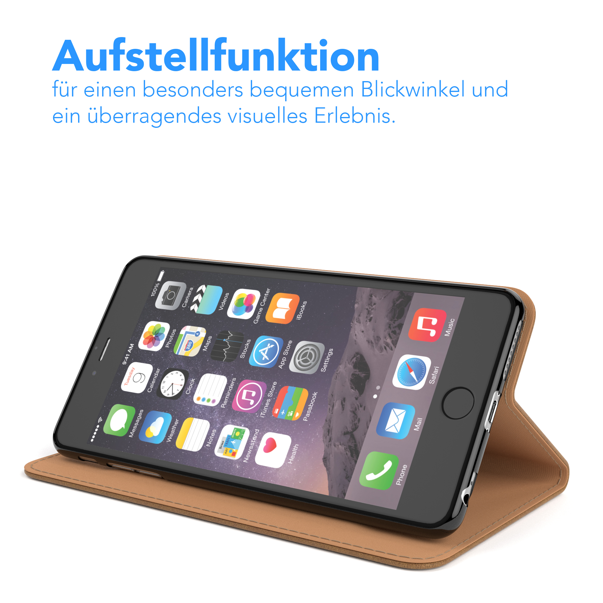 Handy in brauner Hülle, aufgestellt. Symbole auf dem Bildschirm sind sichtbar.