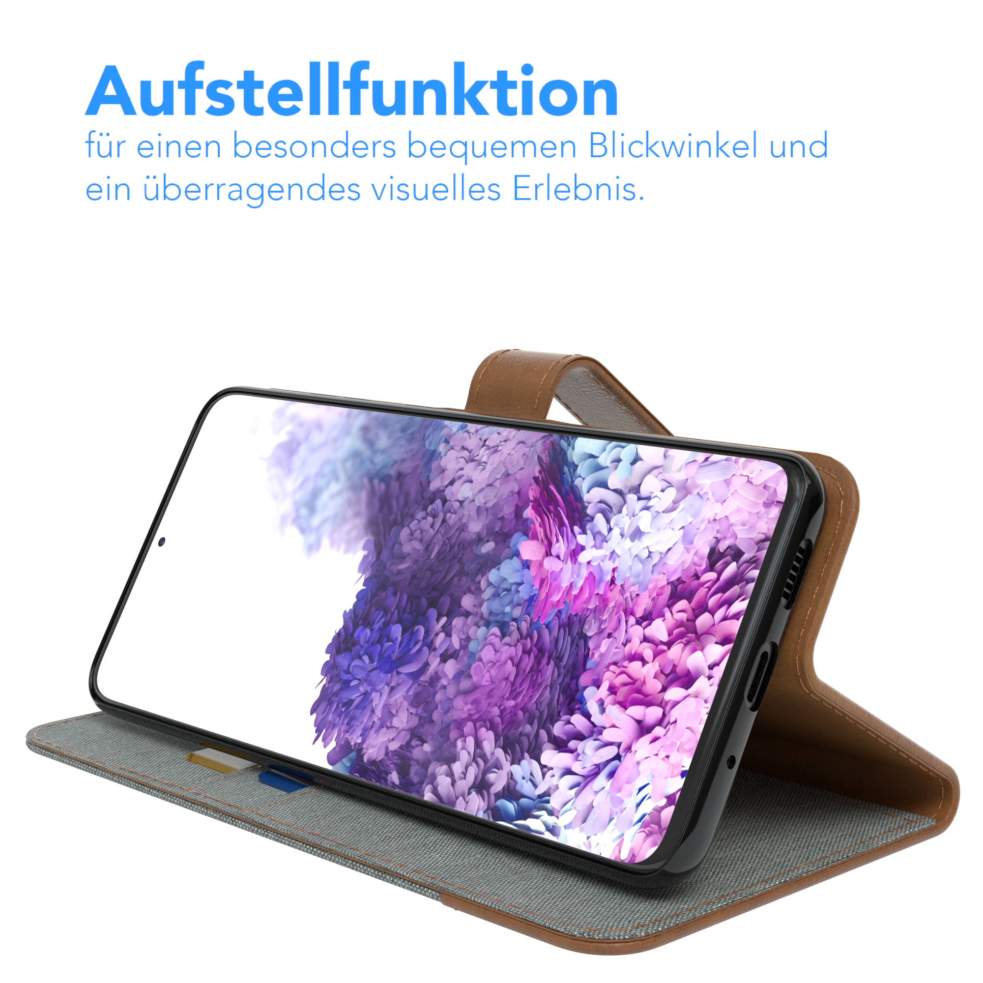 Telefon in brauner Lederhülle, aufgeklappt, Bildschirm sichtbar.