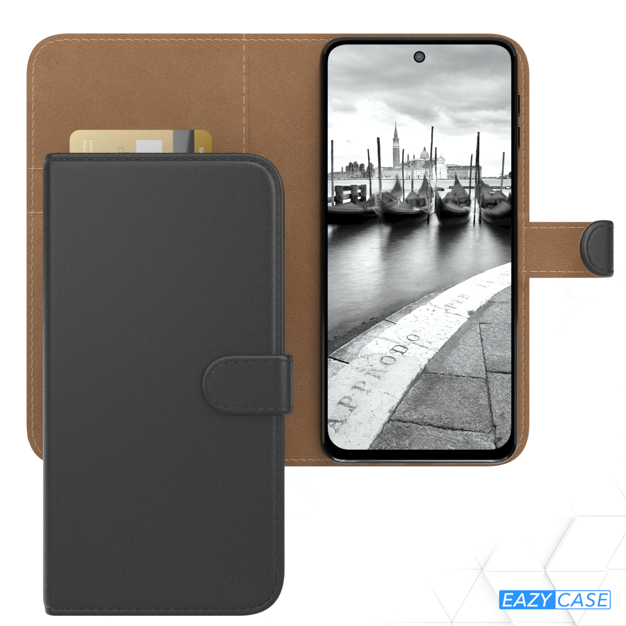 Schwarze Handyhülle mit schwarzem Telefon. Der Hintergrund zeigt ein Graustufenbild von Venedig.