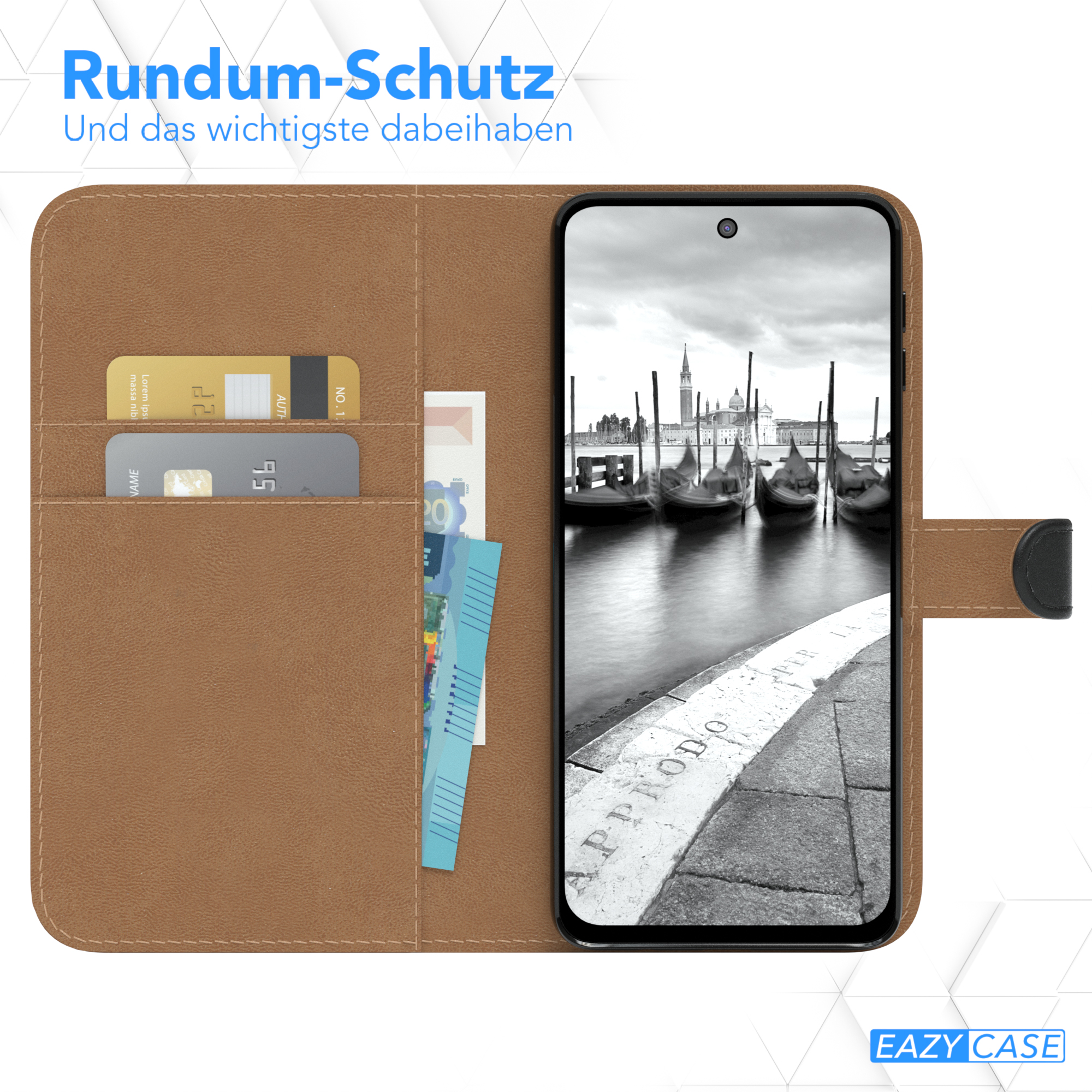 Braune Handyhülle mit einem Telefon im Inneren, das ein Schwarz-Weiß-Bild von Gondeln zeigt.