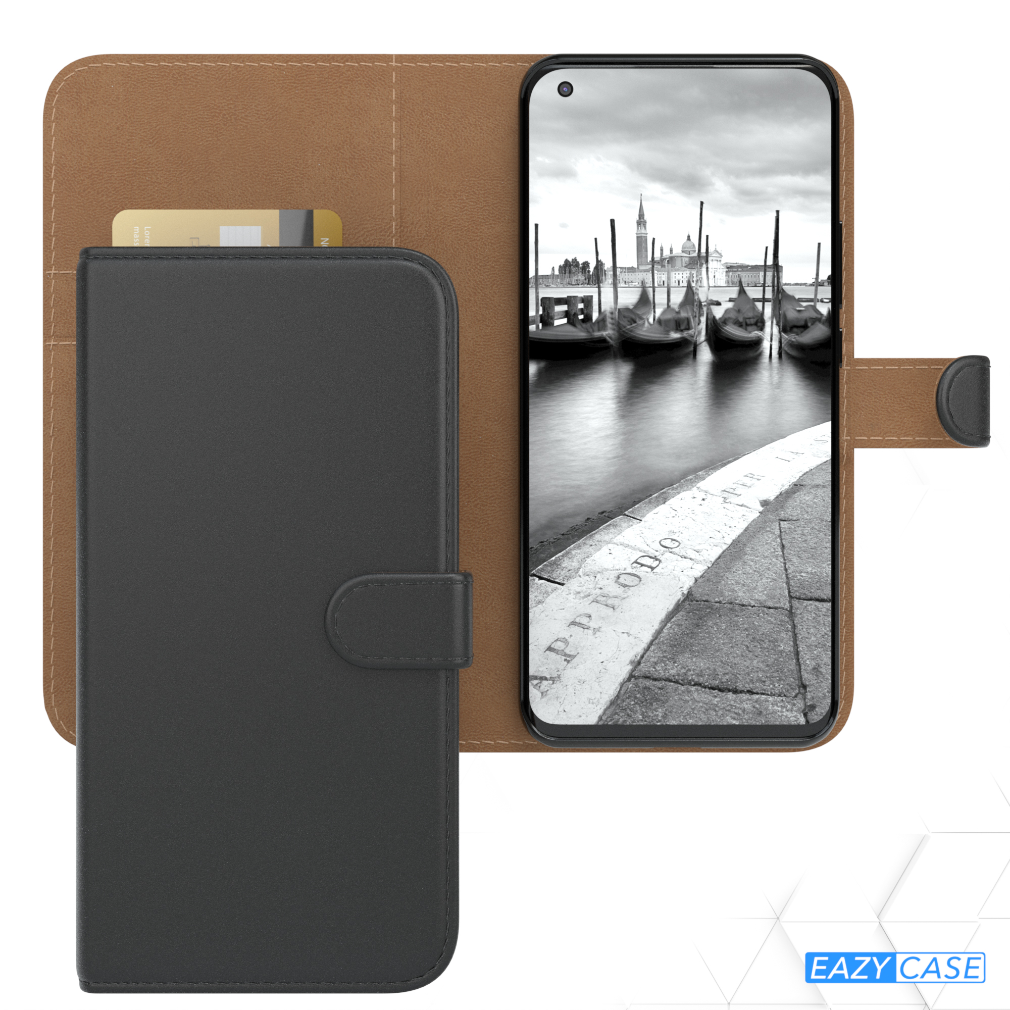 Telefonhülle offen mit einem Telefon darin. Der Hintergrund ist ein Schwarz-Weiß-Bild von Venedig.