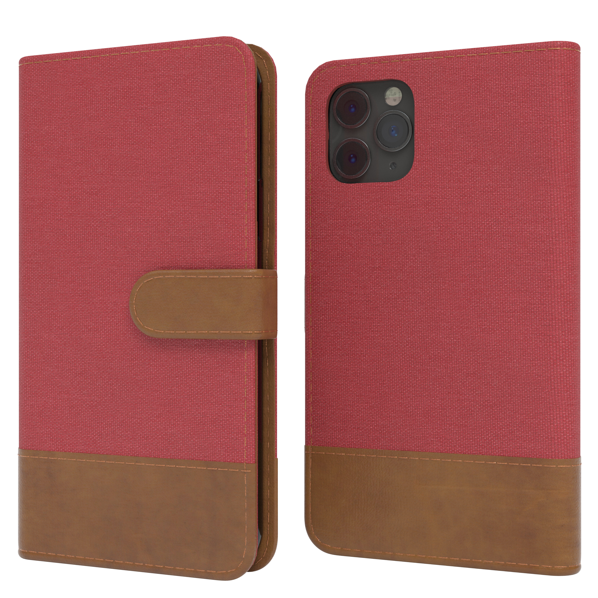 Rote und braune Handyhülle, geöffnet, um das Telefon zu zeigen. Leder- und Stofftextur.