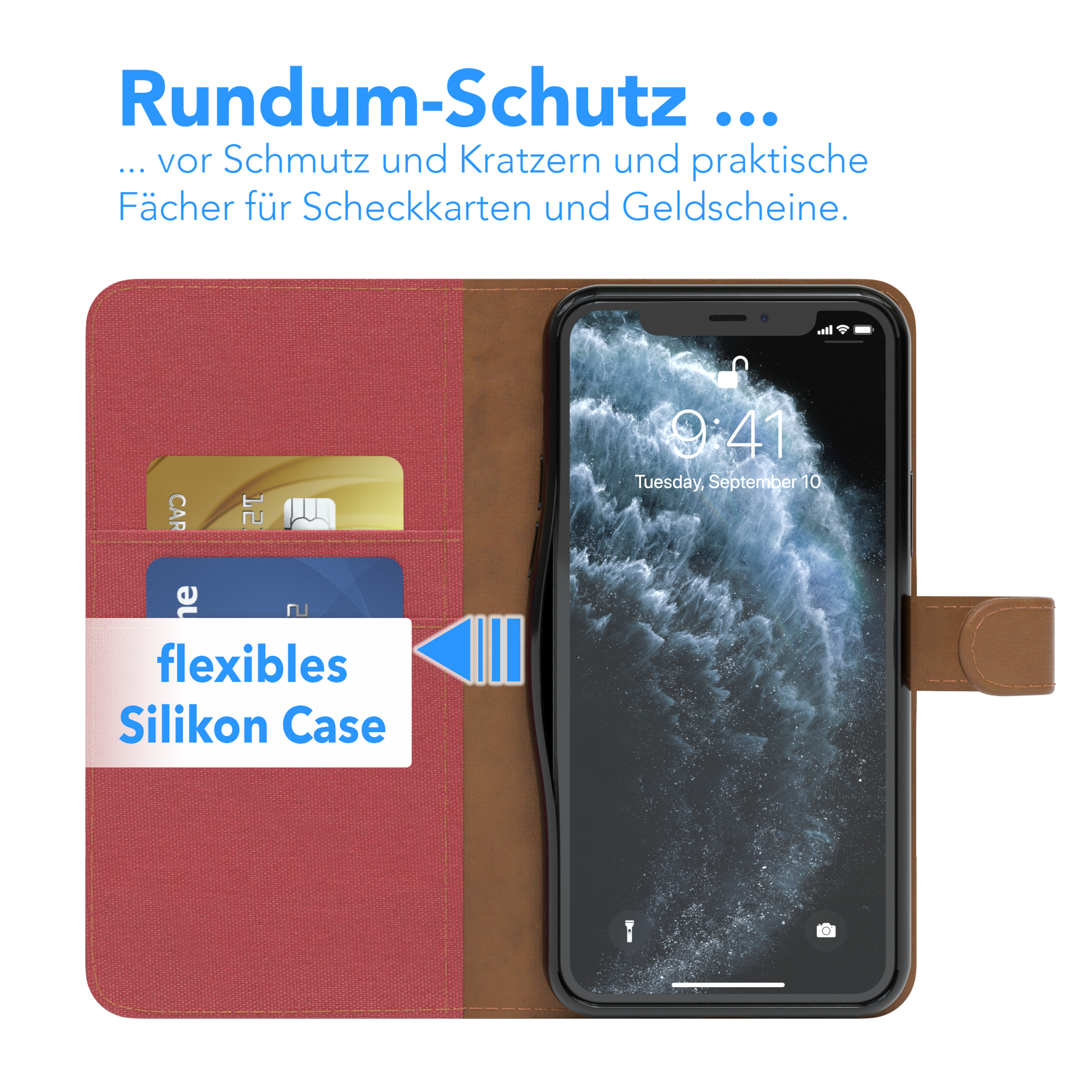 Handyhülle mit Telefon und Karten. Rot innen. Text: flexible Silikonhülle.