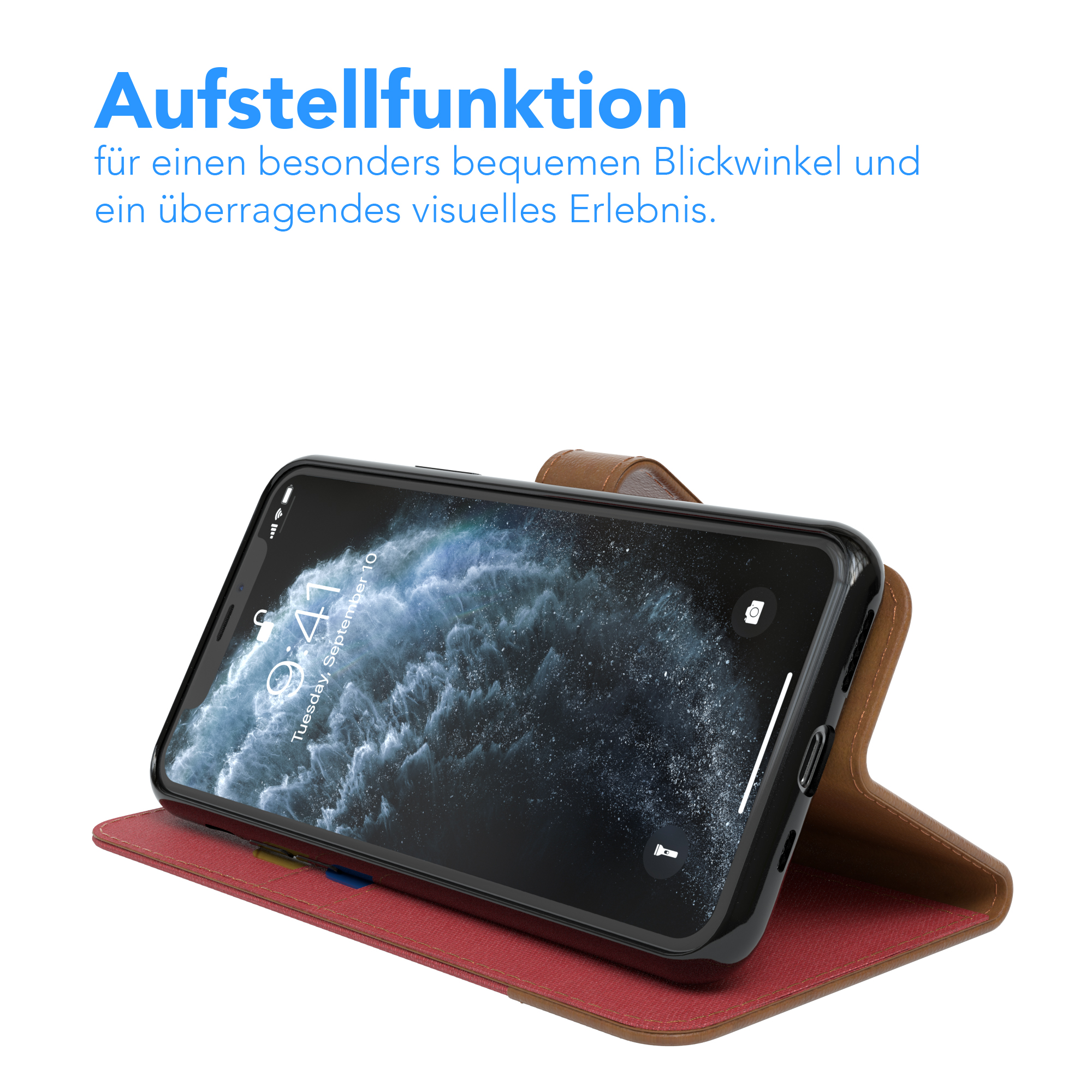 Telefon in einer Hülle mit Ständer. Es ist auf einer roten Oberfläche aufgestellt. Text: Aufstellfunktion.