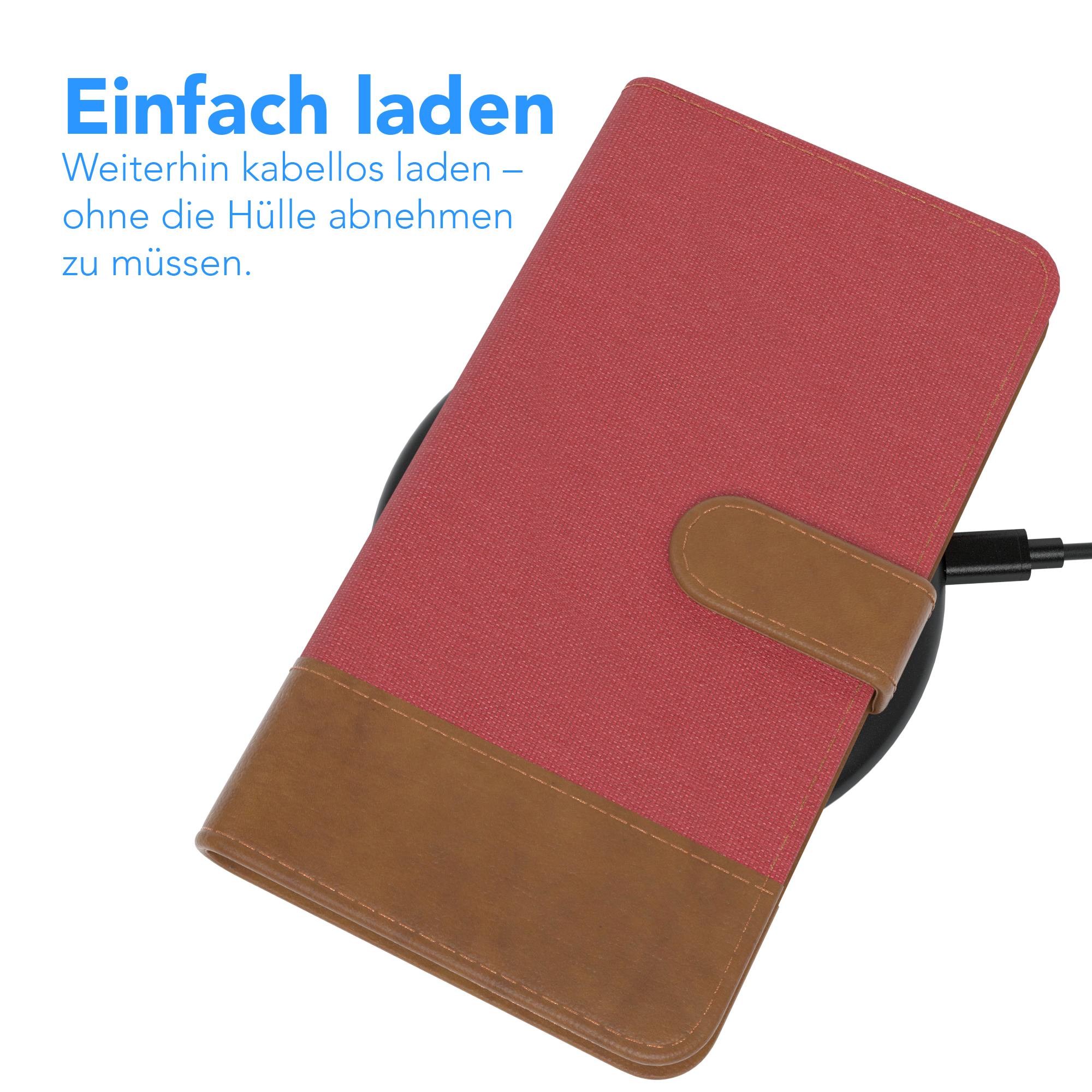 Rote Handyhülle auf einem kabellosen Ladegerät. Text 'Einfach laden' wird angezeigt.