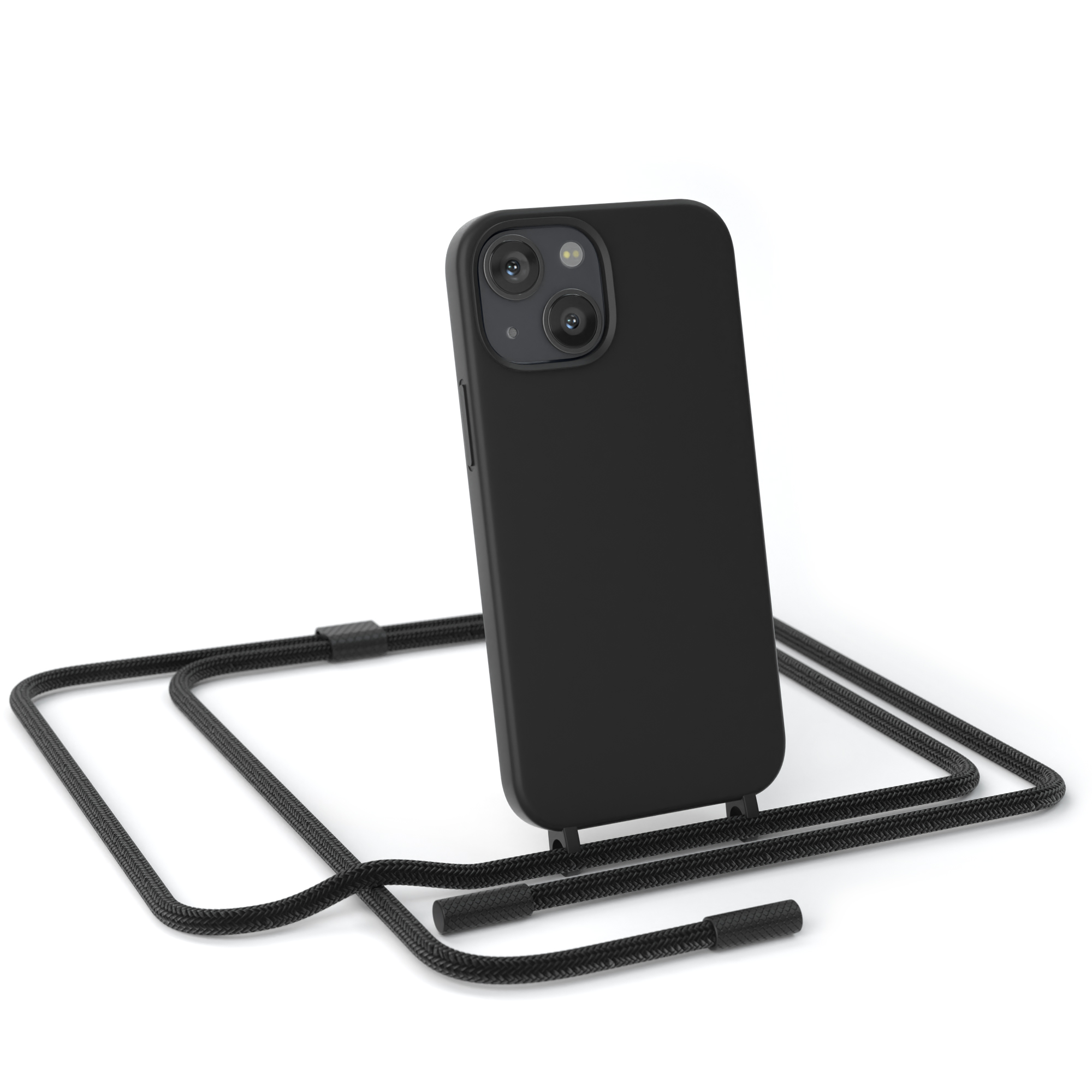 Schwarze Handyhülle mit schwarzem Kabel.