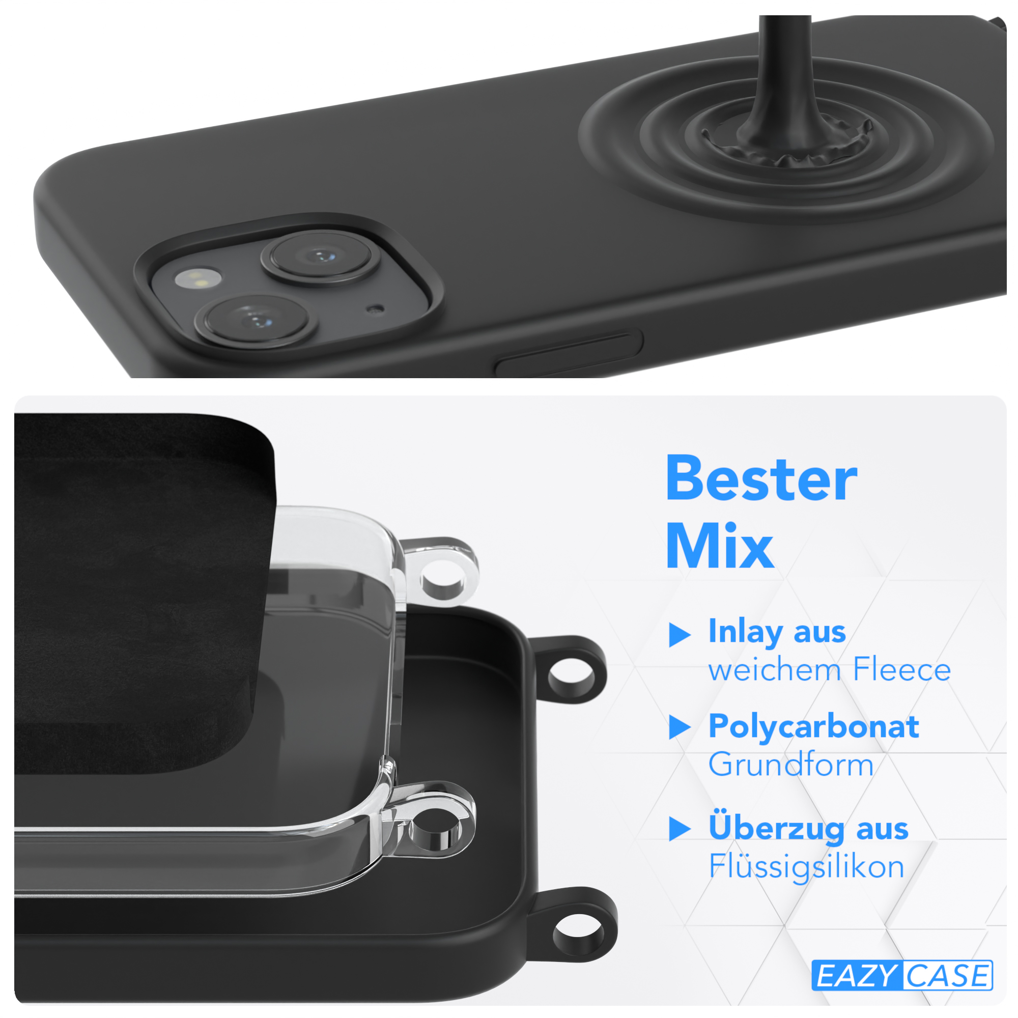 Schwarze Handyhülle mit mehrschichtigem Design. Die Hülle hat einen Kameraausschnitt und einen schlanken, modernen Look.