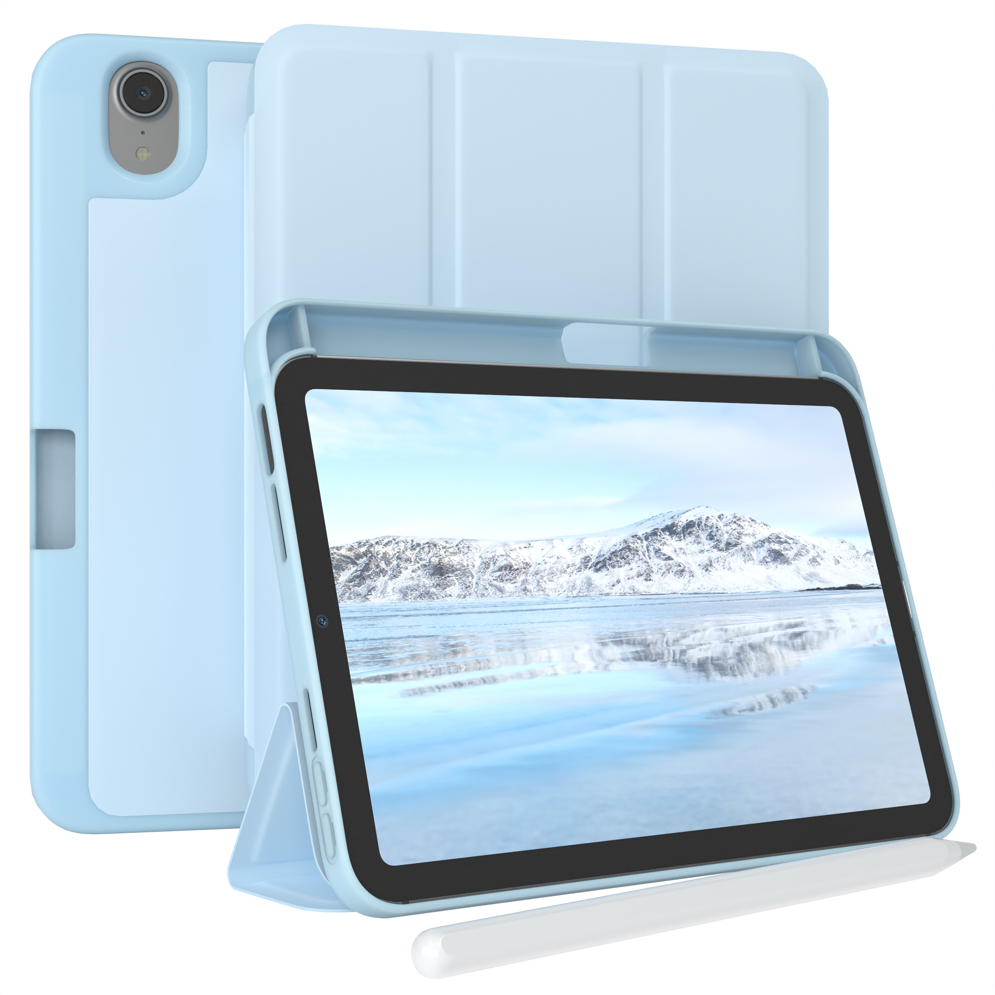Blaues Tablet in hellblauer Hülle mit weißem Stift. Berge und Wasser auf dem Bildschirm.