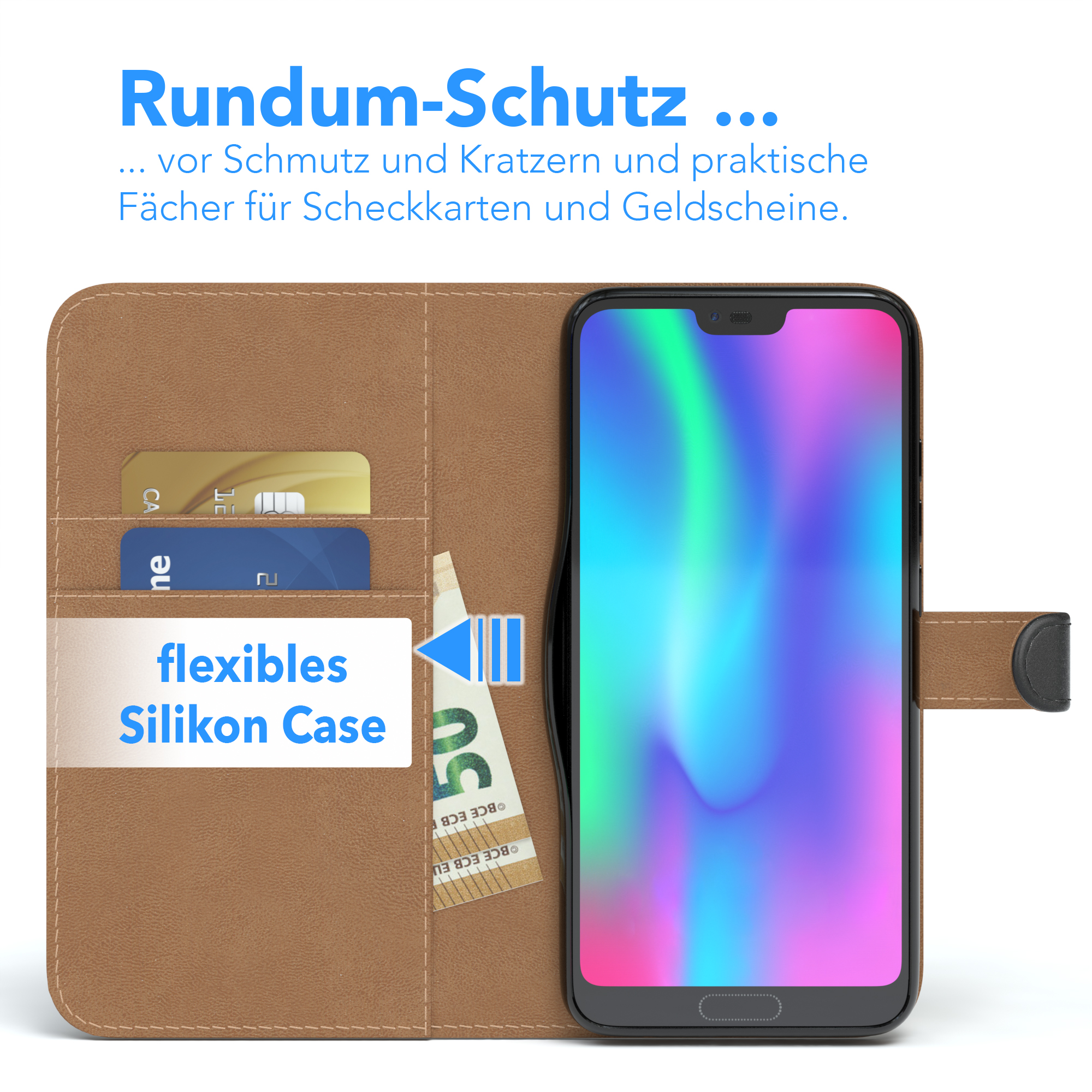 Offene Handyhülle mit Telefon und Karten. Text sagt Rundum-Schutz, für Karten und Bargeld.