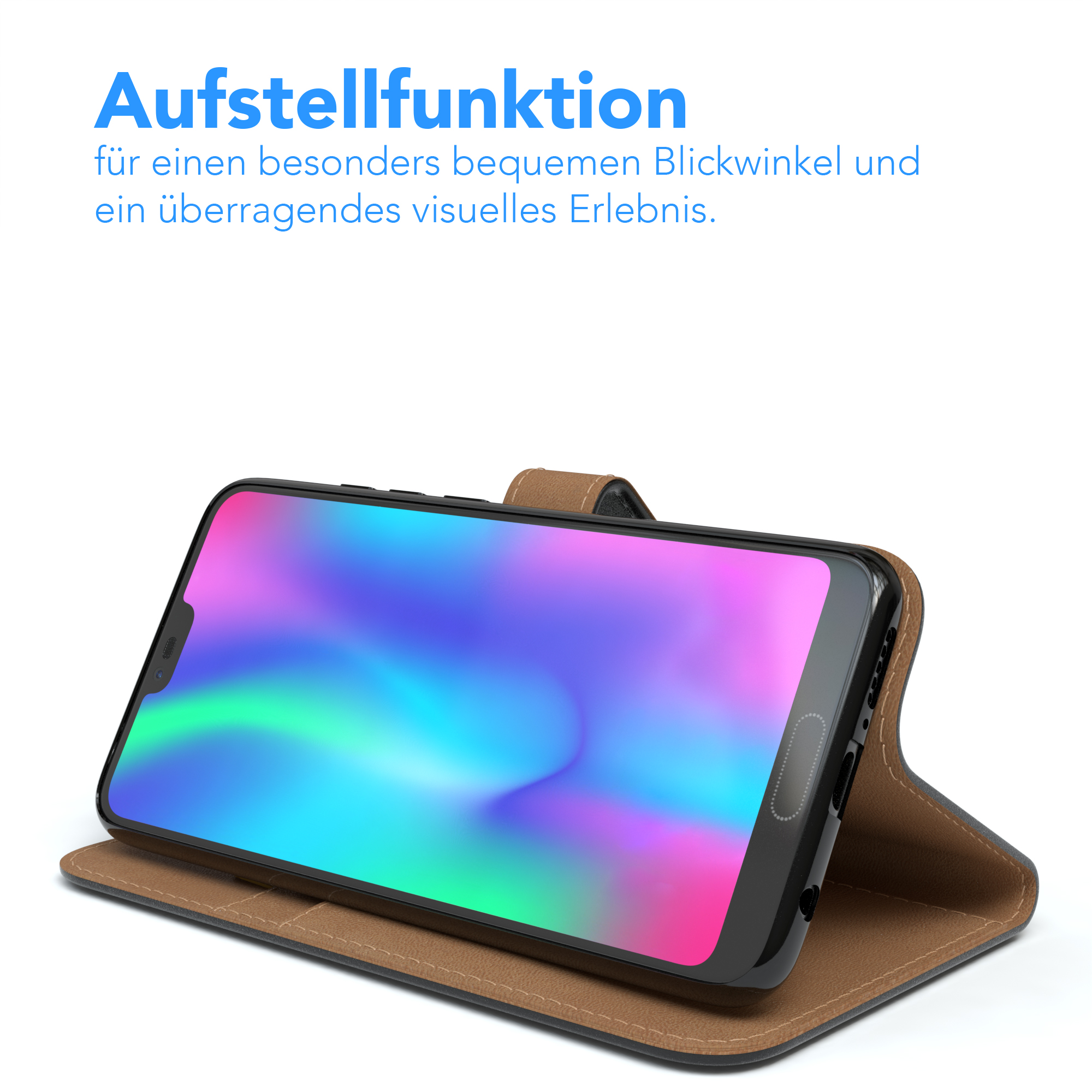 Ein Telefon in einer braunen Hülle, aufgestellt.