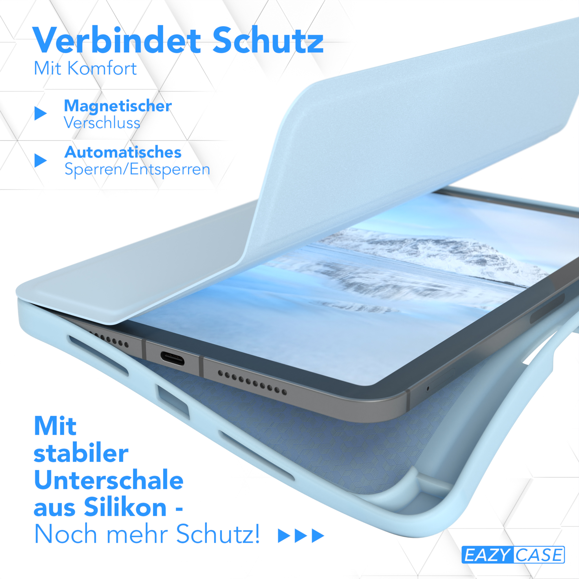 Tablet in blauer Hülle, mit geöffnetem Deckel. Text: Magnetverschluss, Auto-Sperre/-Entsperrung und Silikonschale.