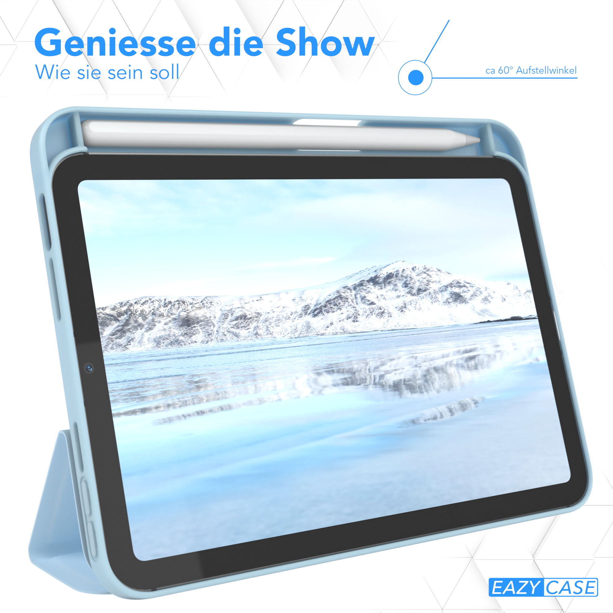 Eine blaue Tablet-Hülle mit einem Bildschirm, der eine schneebedeckte Berglandschaft zeigt, und einem weißen Stift.